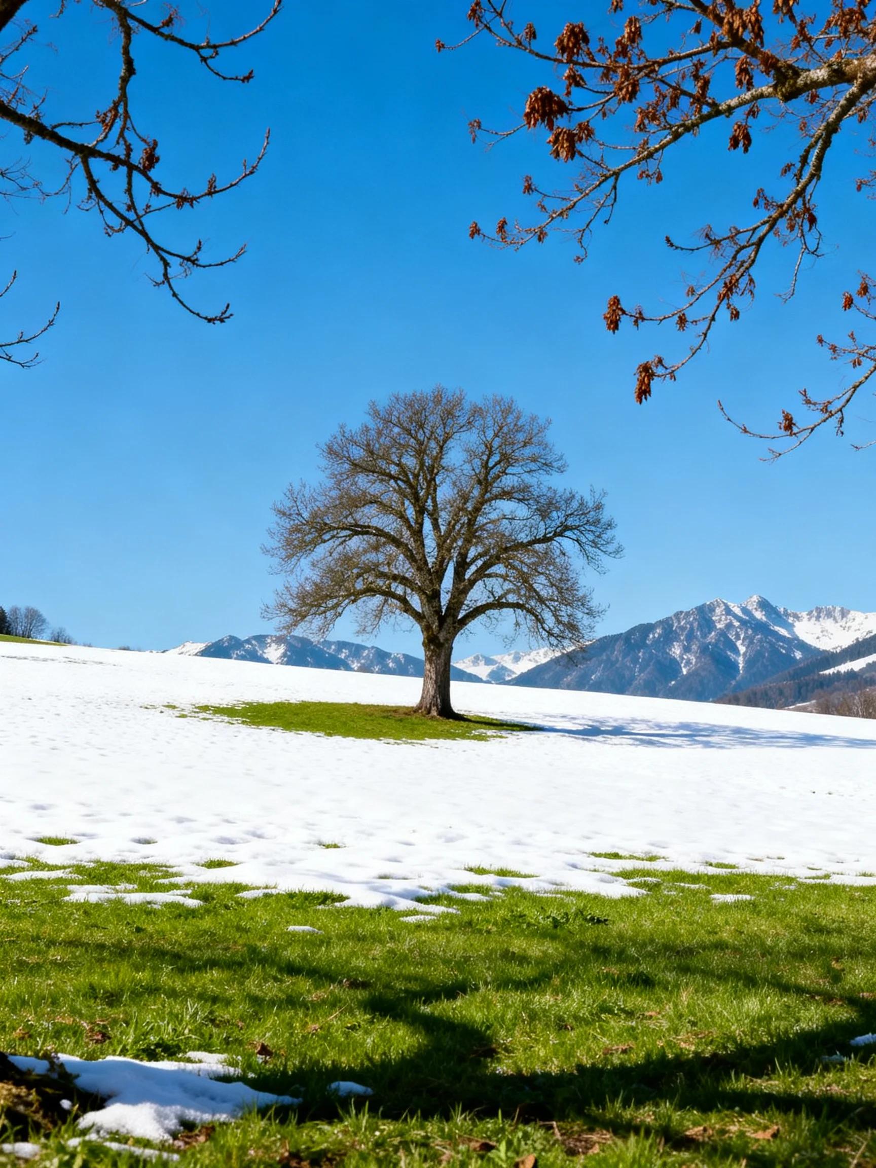 A lone tree stands in a partially snow-covered meadow with distant mountain peaks.