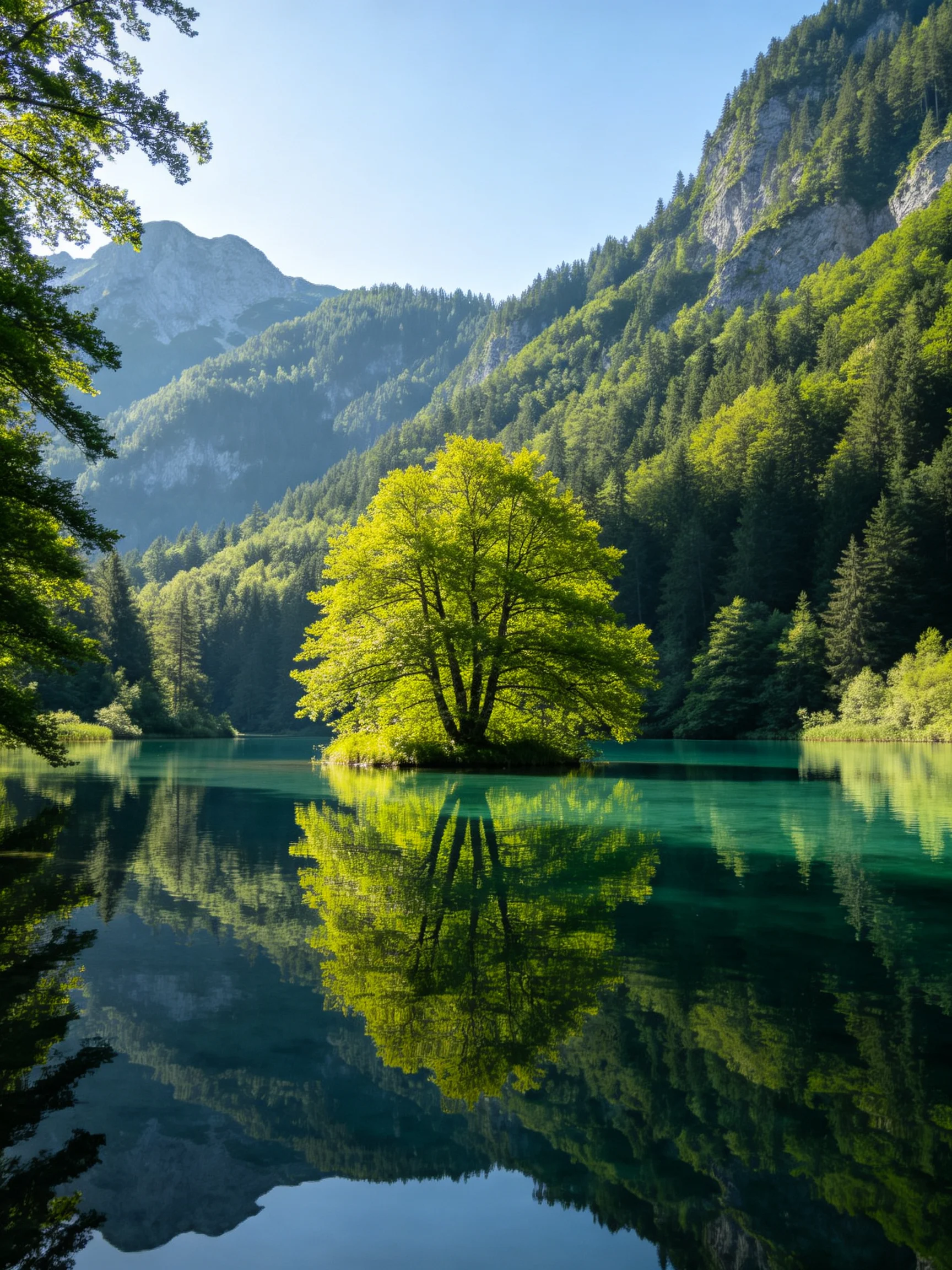 A lone tree stands on a small island in a turquoise lake amid lush green mountains.