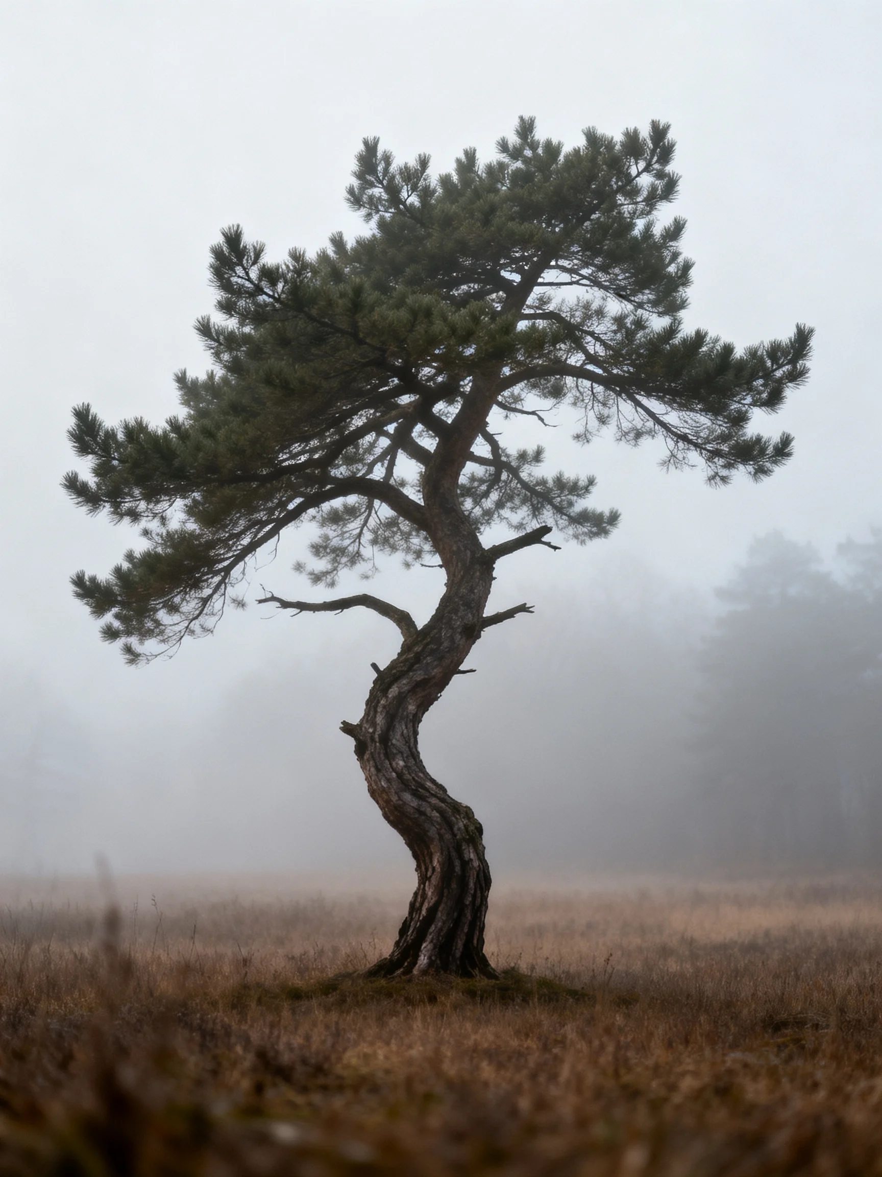 A lone twisted pine tree stands alone in a foggy brown field