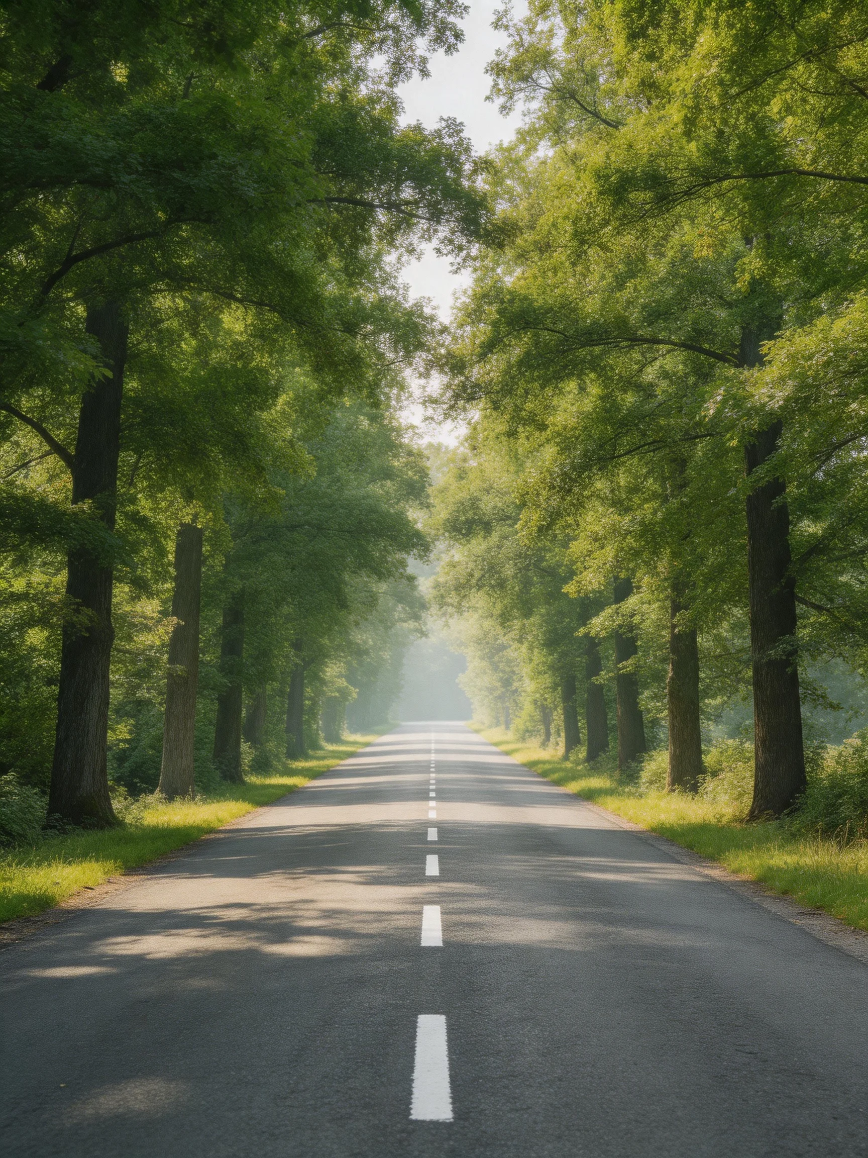 A long asphalt road flanked by tall green trees