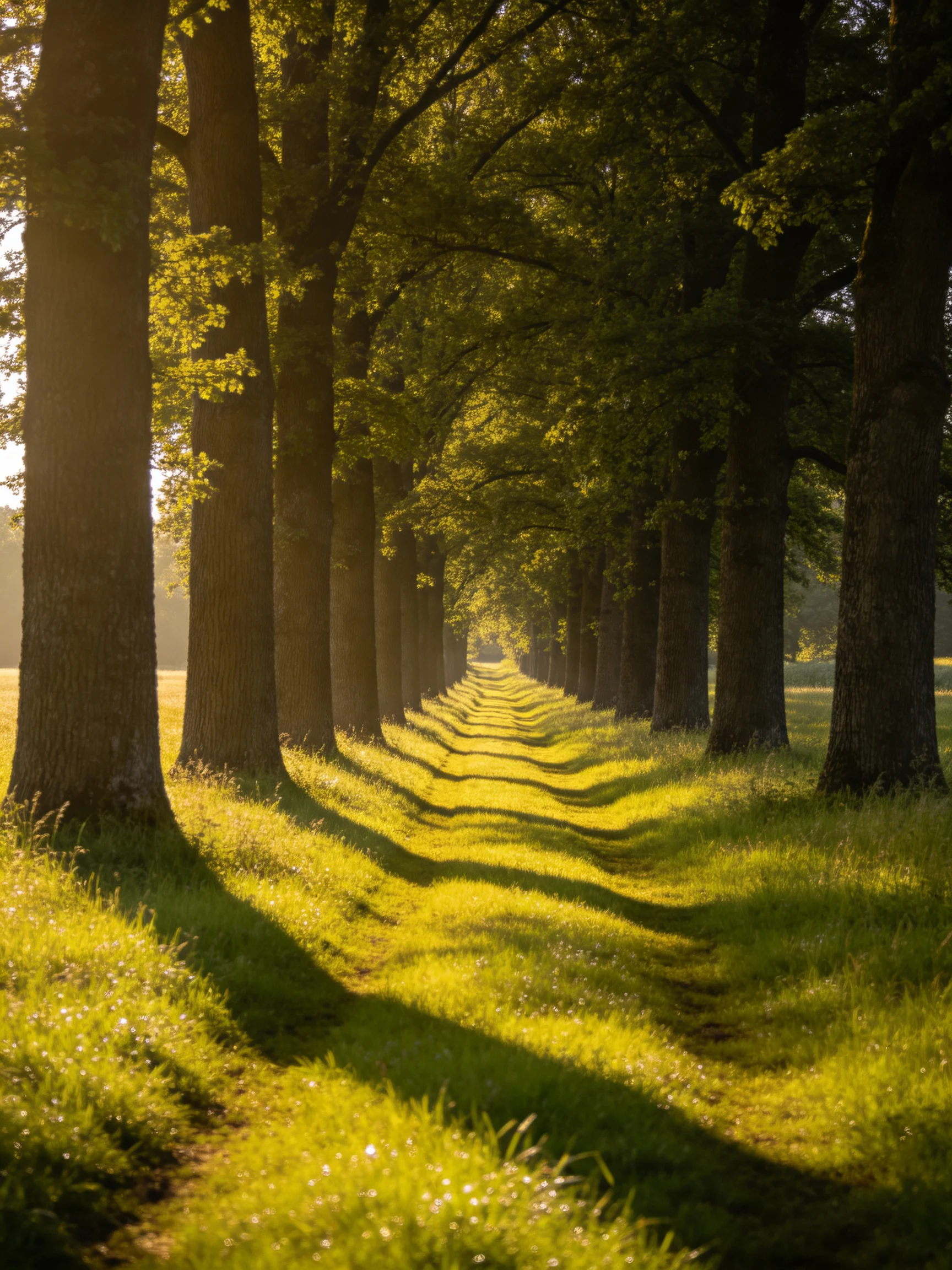 A long avenue of tall trees forms a sun-dappled green tree-lined path