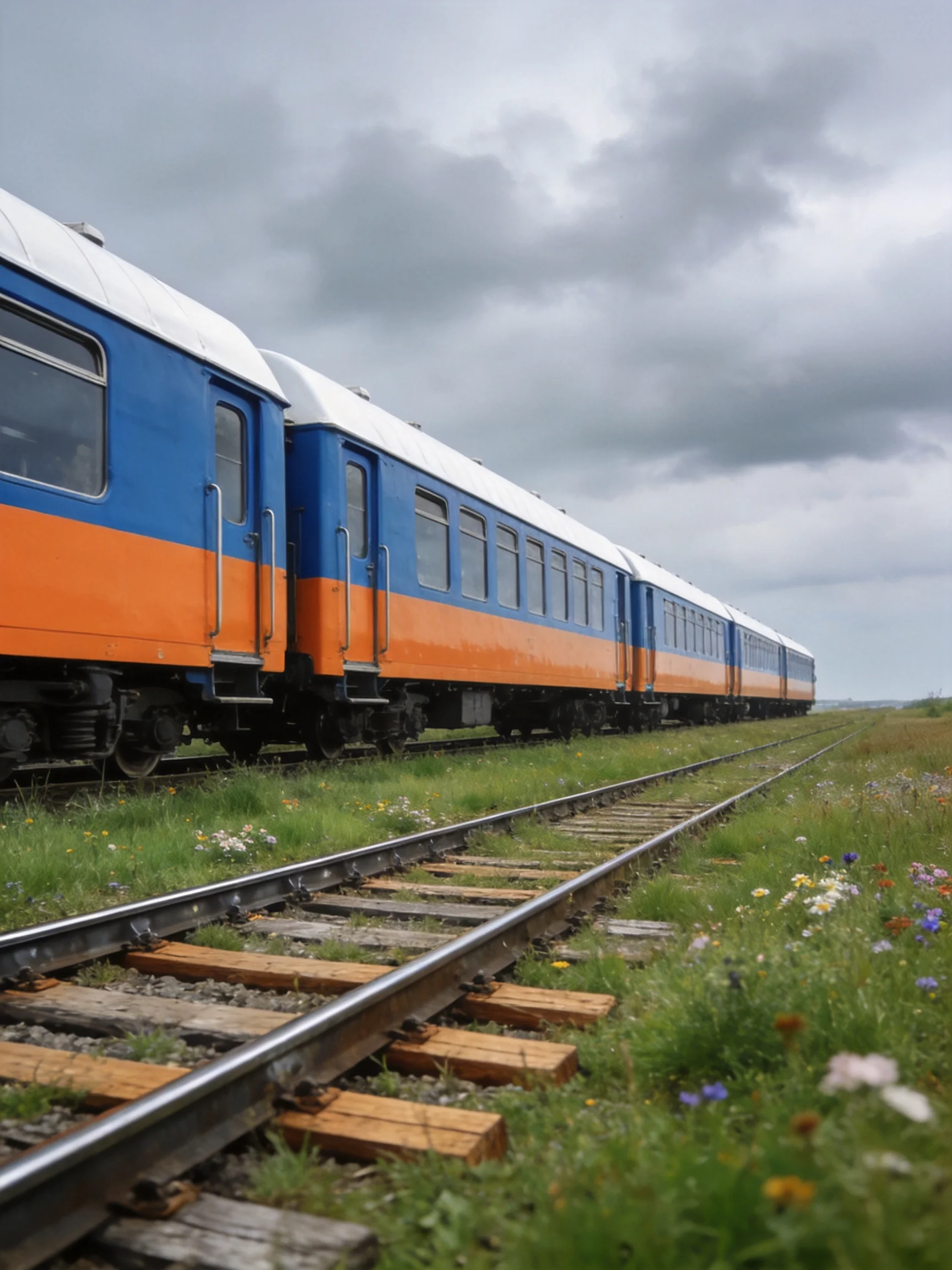 A long blue and orange passenger train on empty tracks