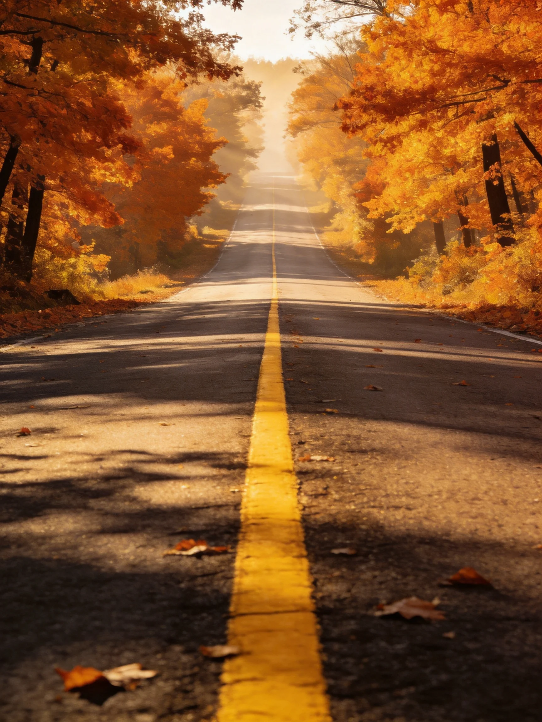 A long road bordered by golden autumn trees