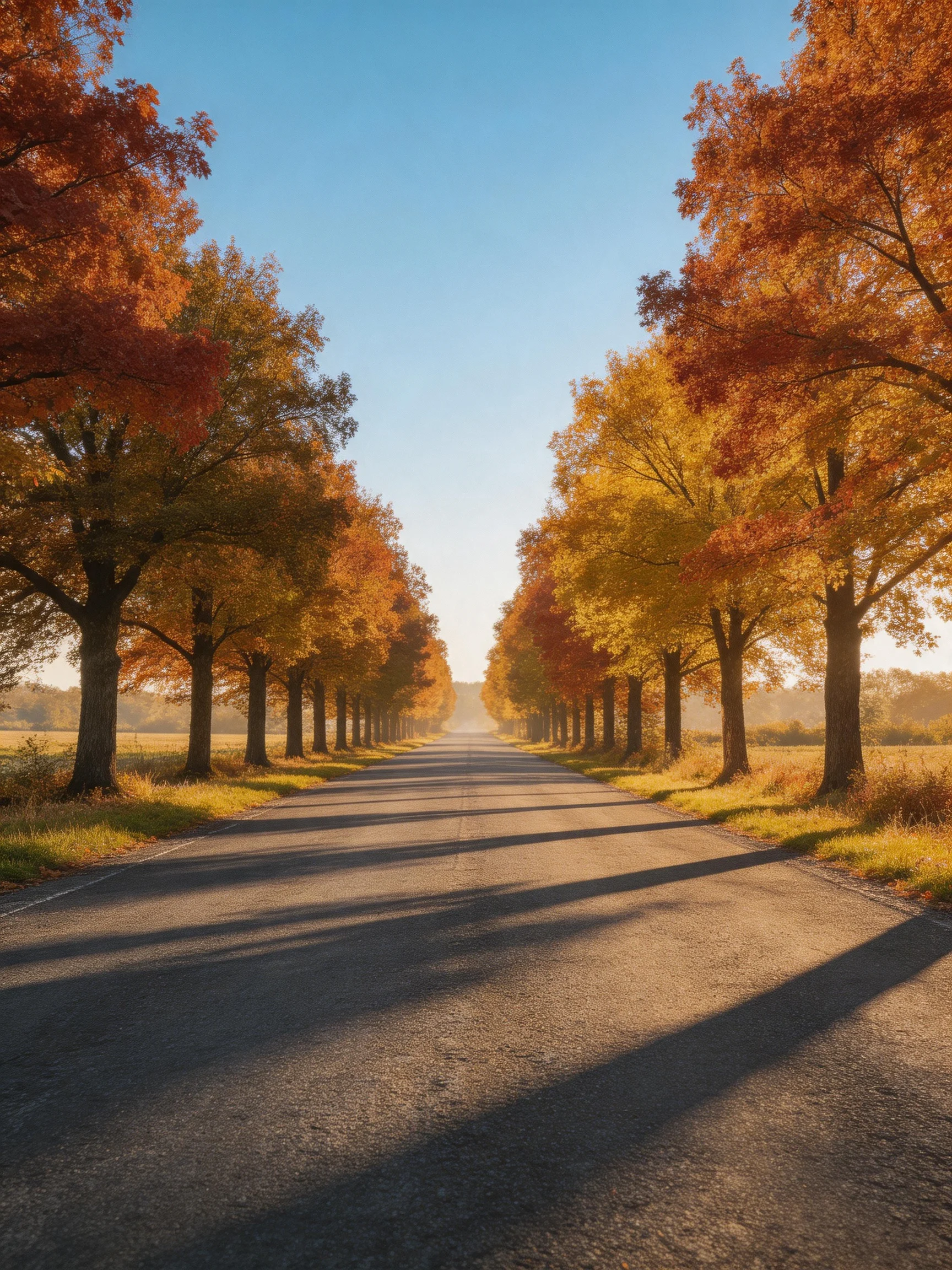 A long road flanked by vibrant autumn trees under a clear blue sky