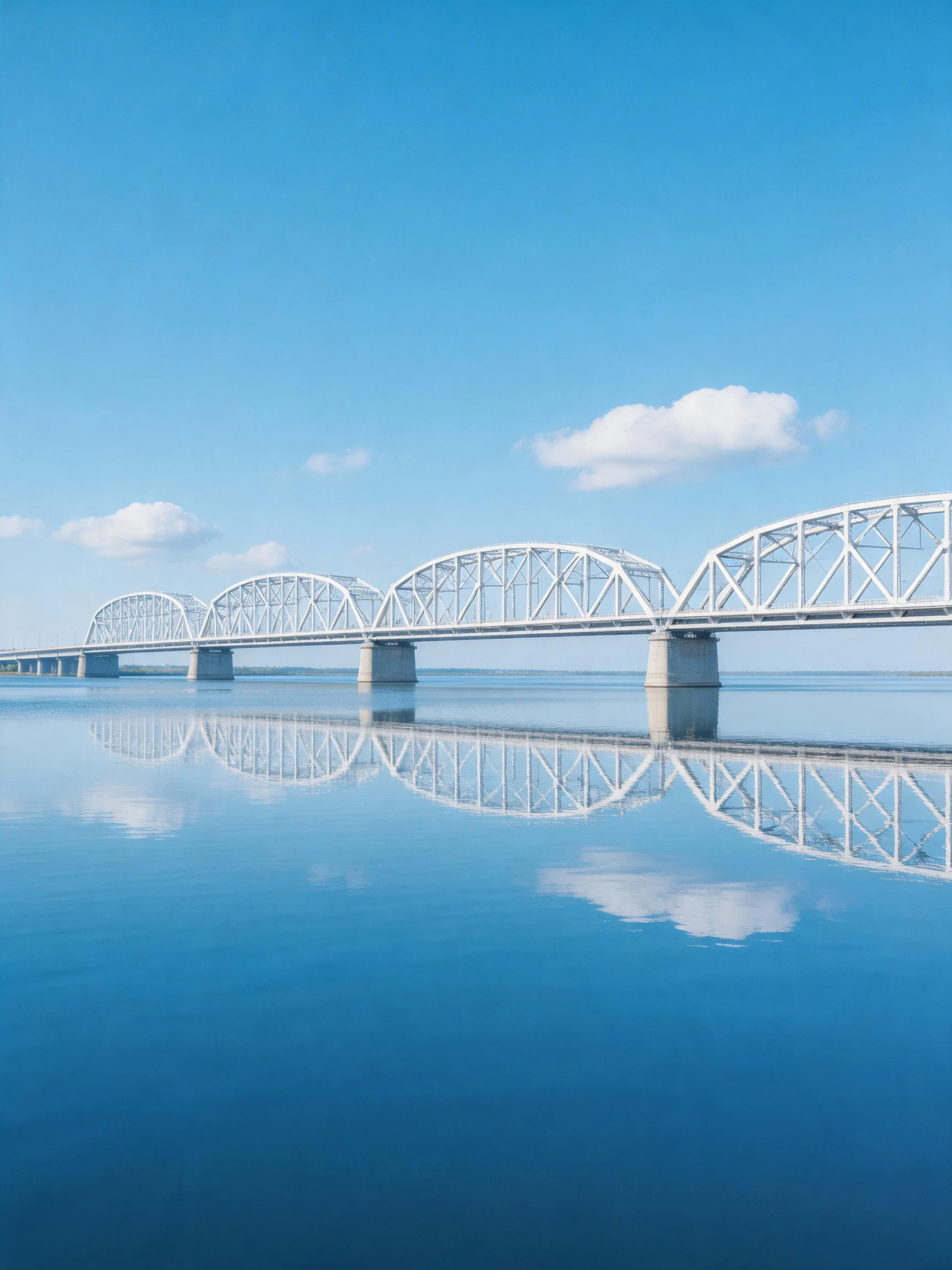 A long white arched bridge spans calm blue waters with sky reflection