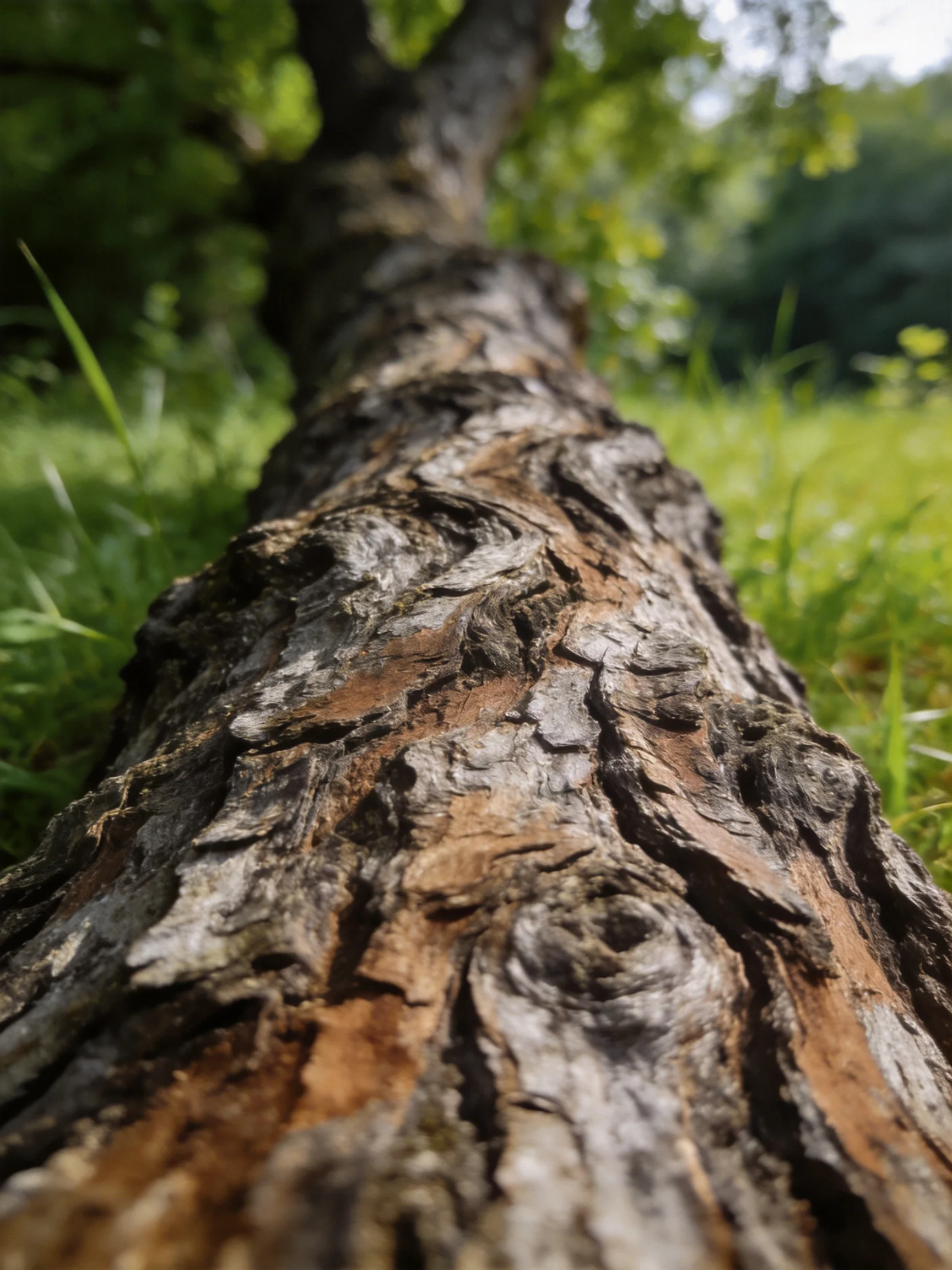 A low - angle view of a textured brown tree trunk among greenery