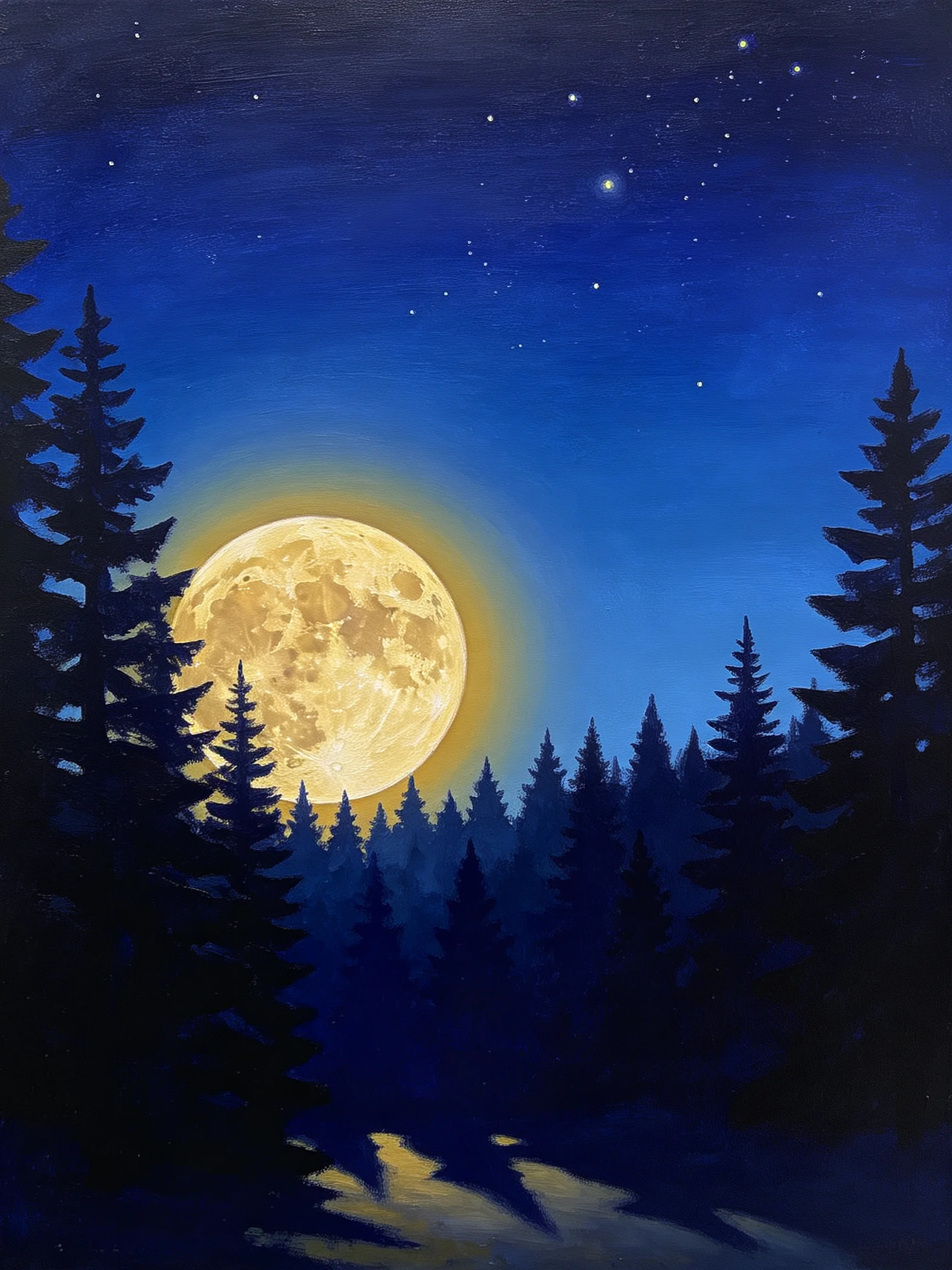 A luminous full moon illuminates a dense evergreen forest under a starry night sky