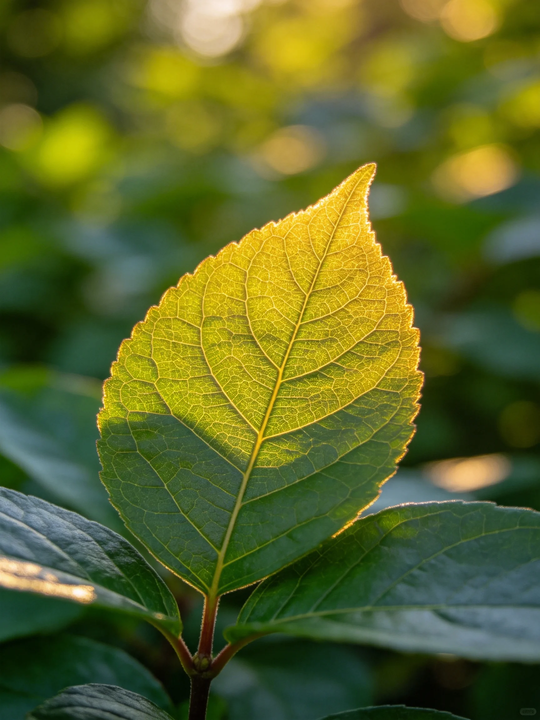 A luminous green leaf with golden veins illuminated by soft sunlight