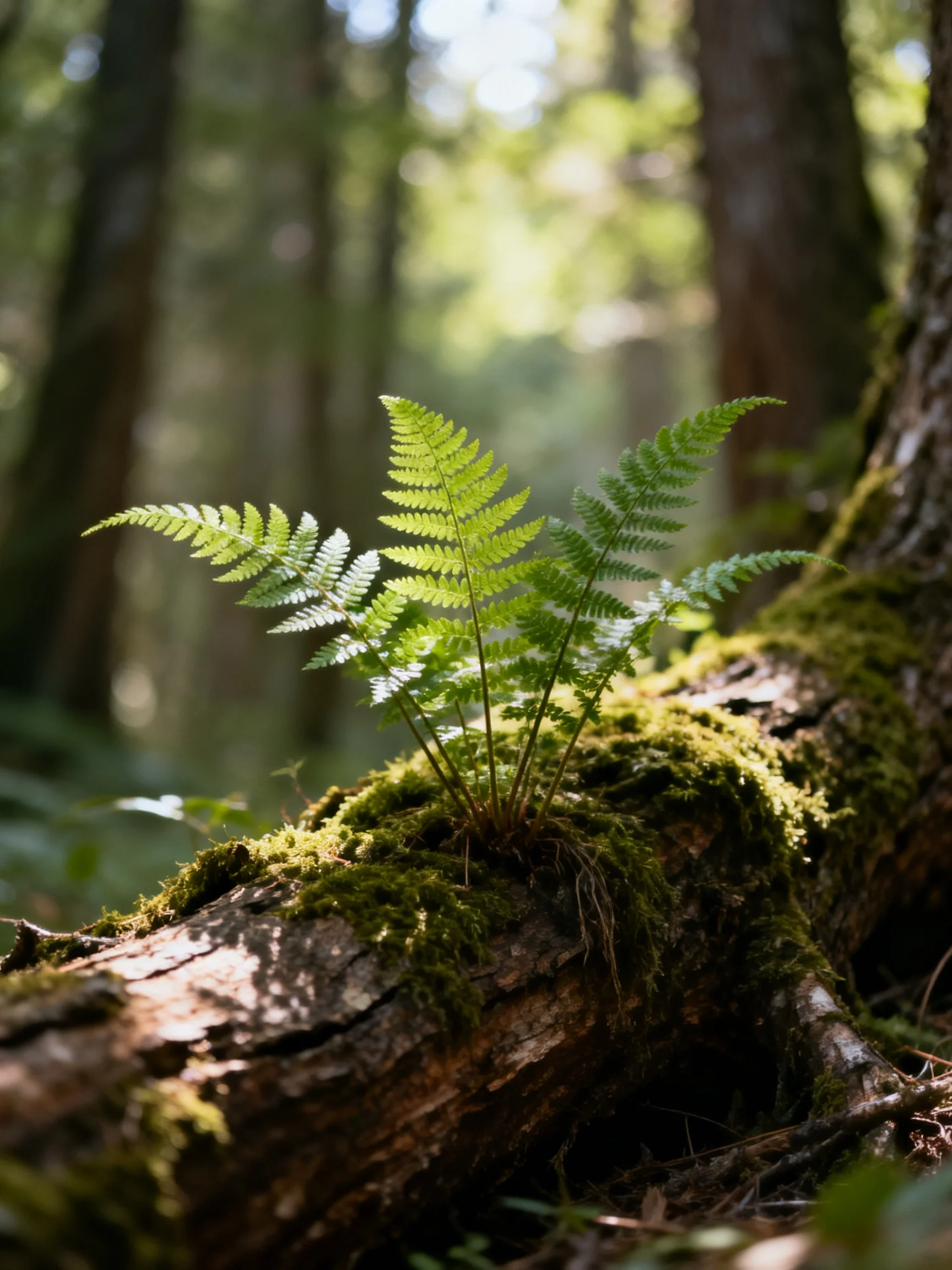 A lush fern grows from a moss-covered fallen tree trunk in a sun-dappled forest