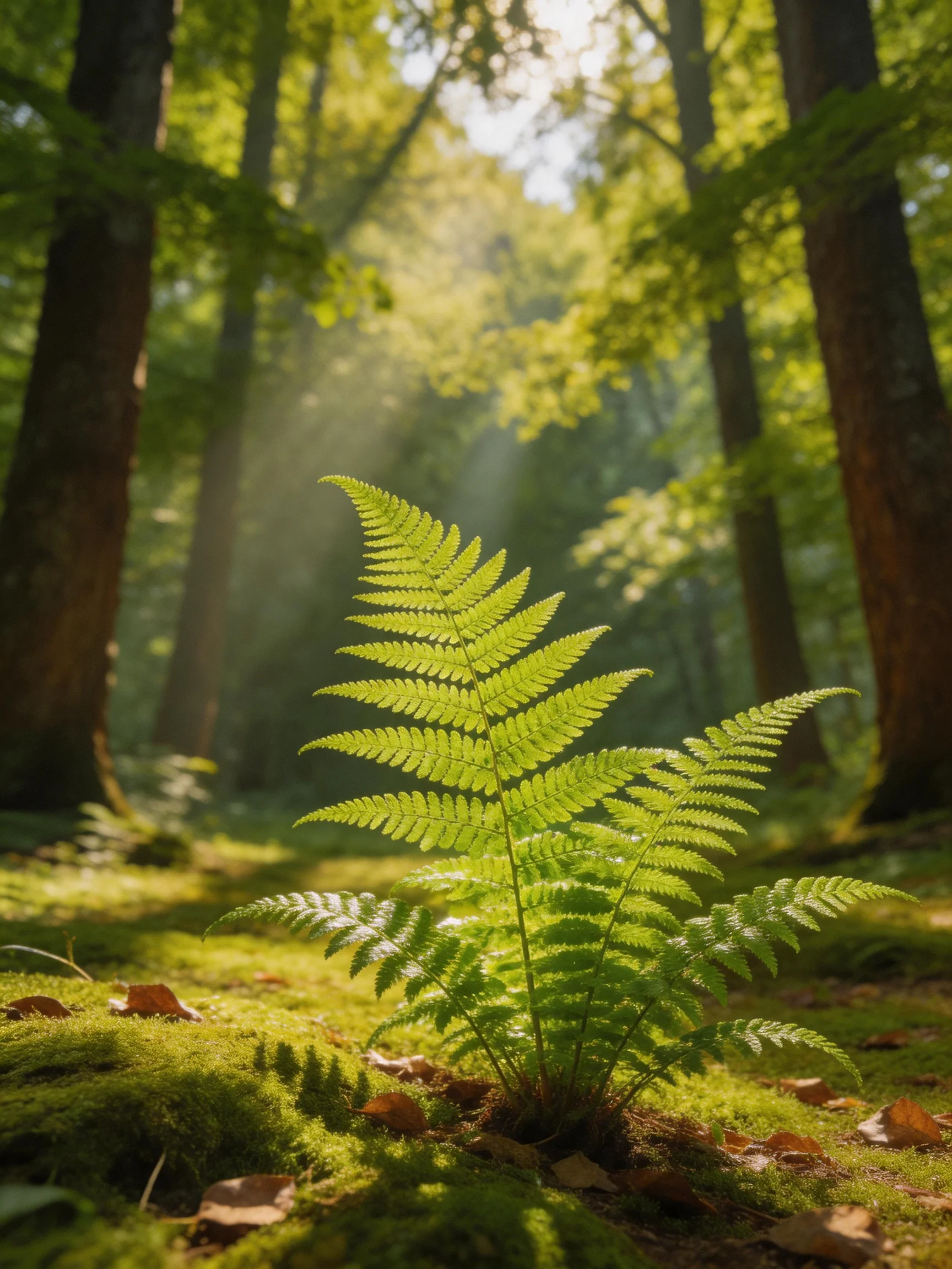 A lush fern thrives on mossy forest ground with towering trees and golden sunlight