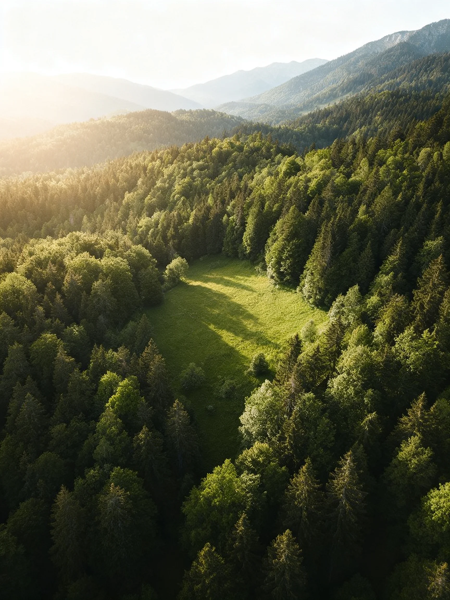 A lush forest landscape with a central green meadow and distant mountain range