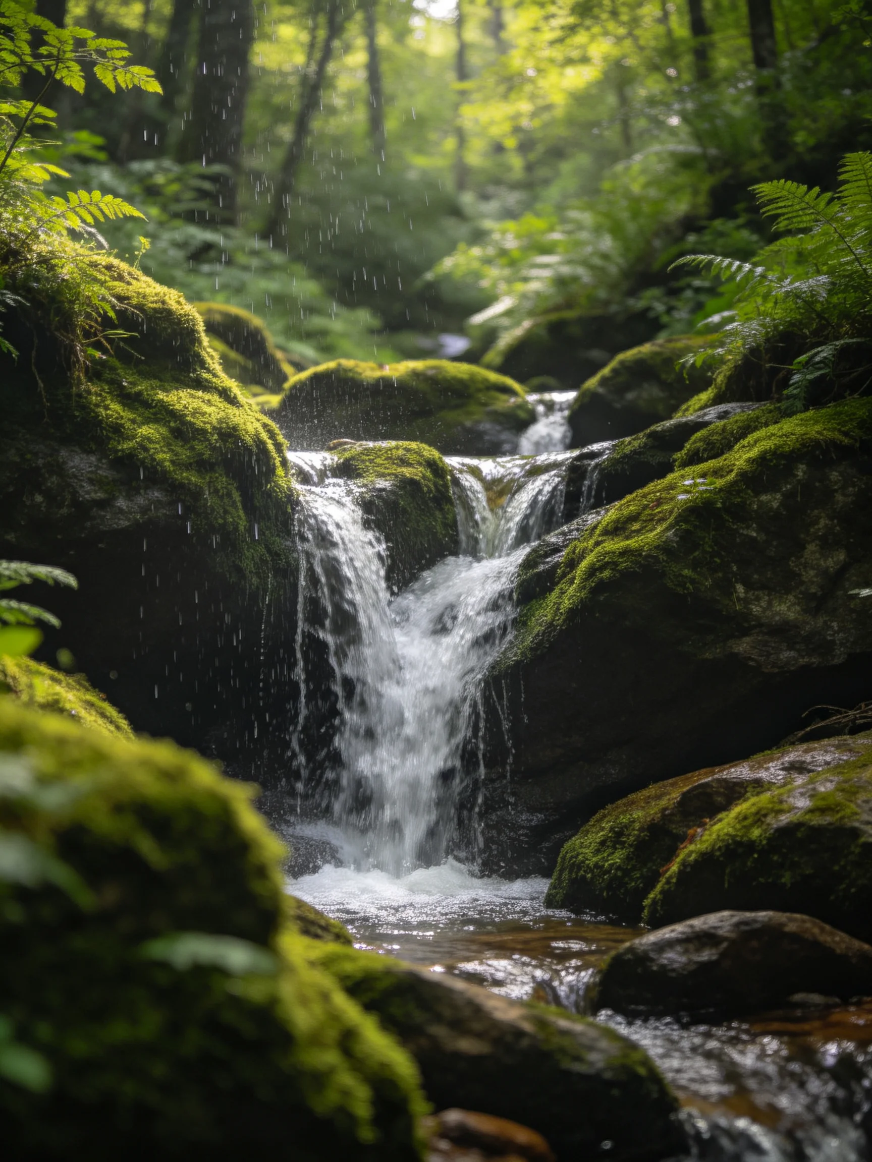 A lush forest stream with cascading water over moss-covered rocks
