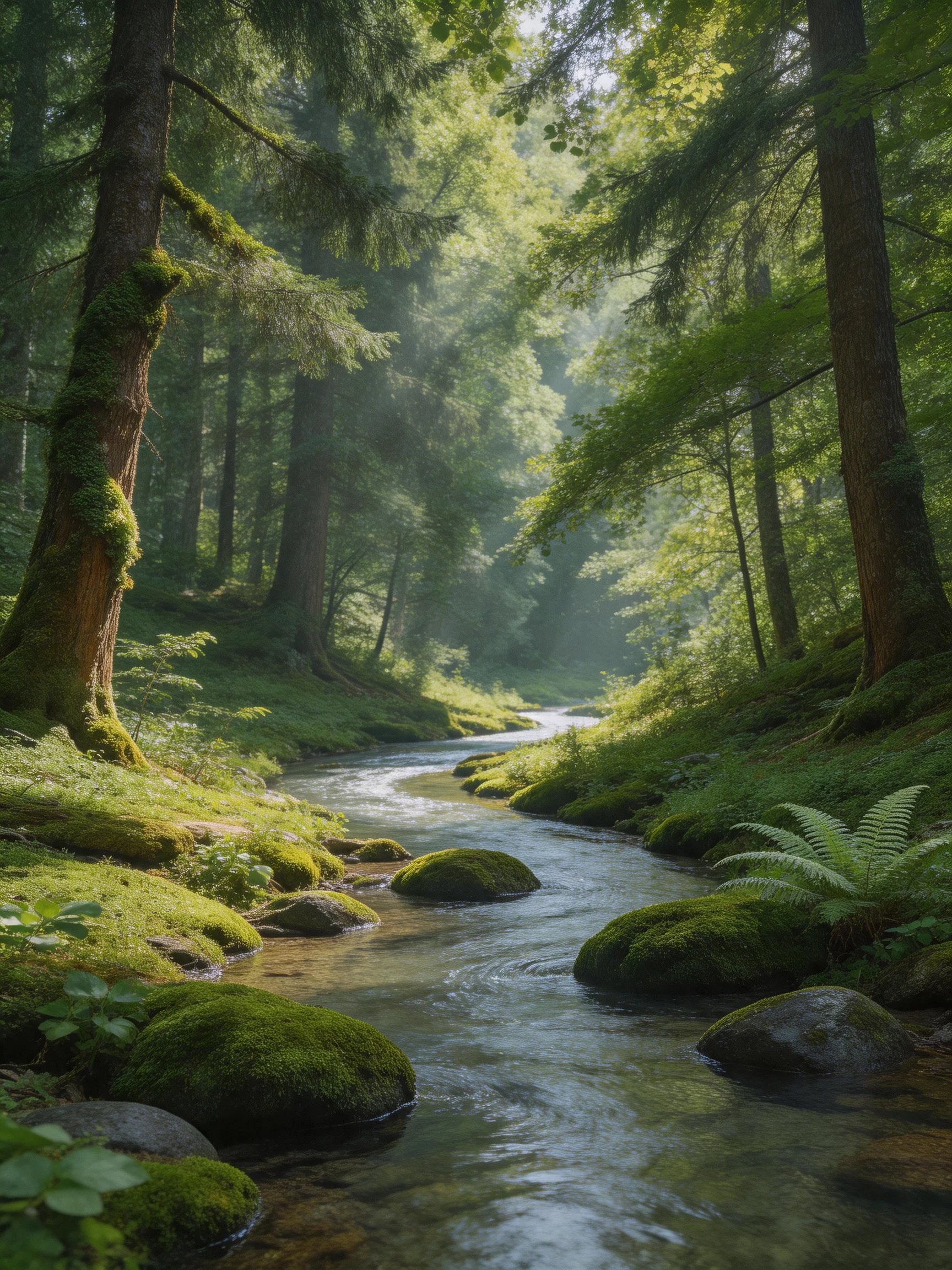 A lush forest stream with moss - covered rocks and tall evergreen trees