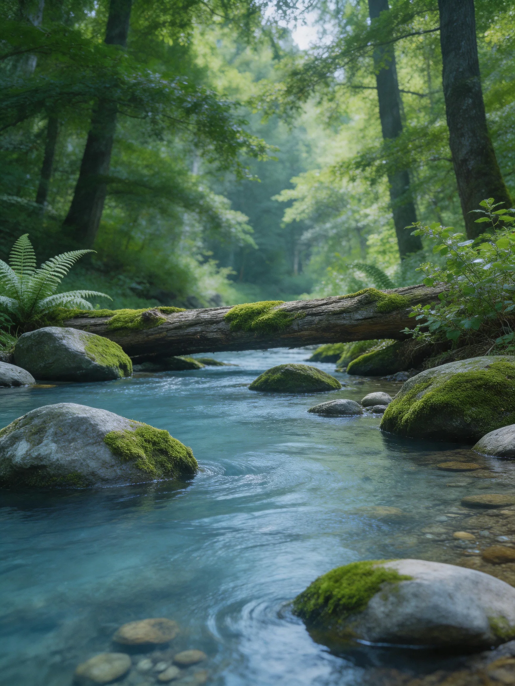 A lush forest stream with moss-covered rocks and fallen log