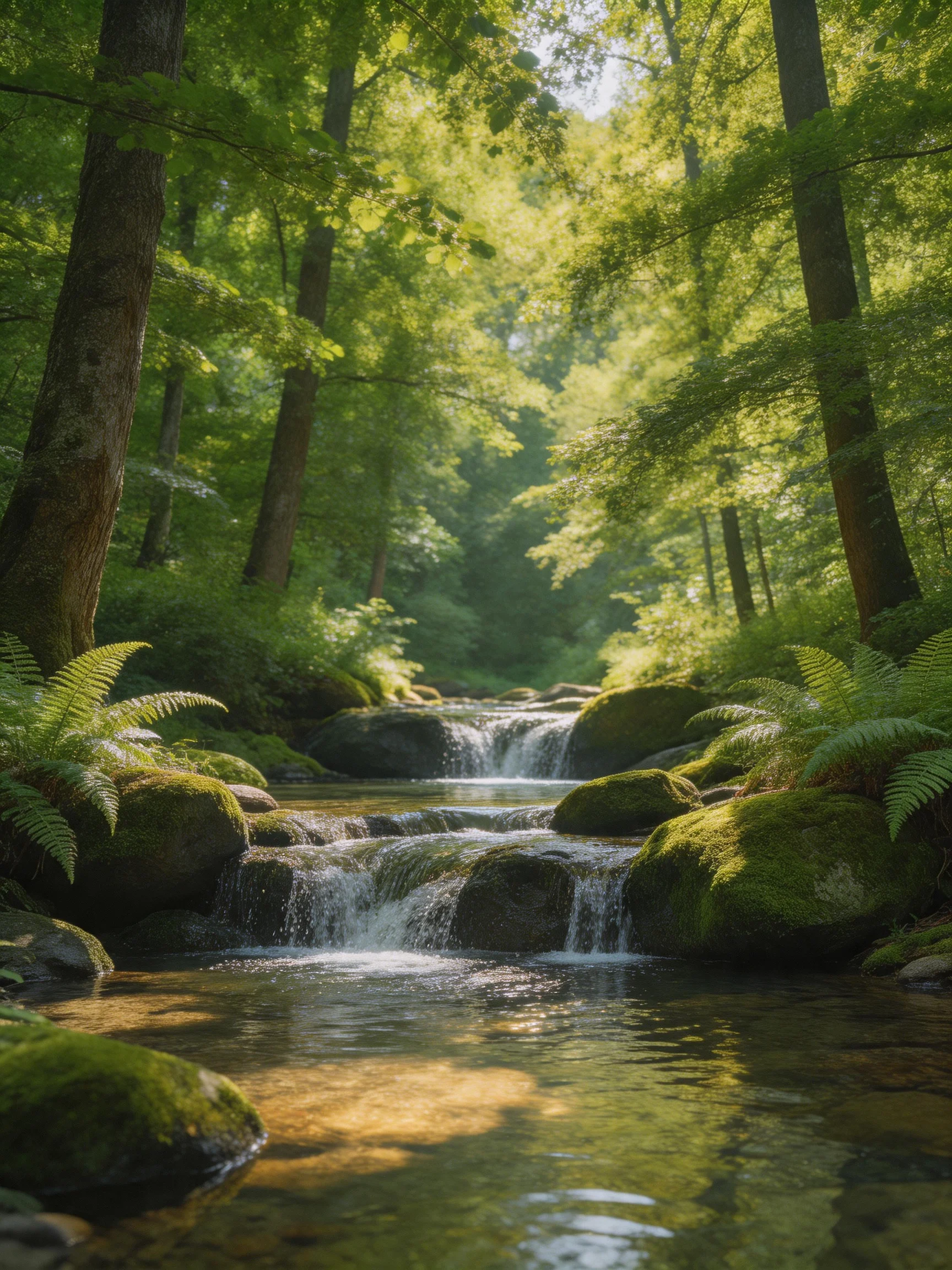 A lush forest stream with moss-covered rocks and ferns