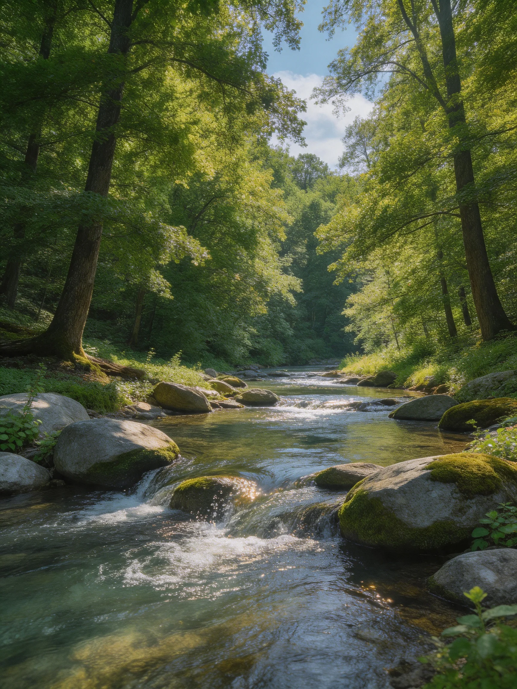 A lush forest stream with moss-covered rocks and vibrant greenery