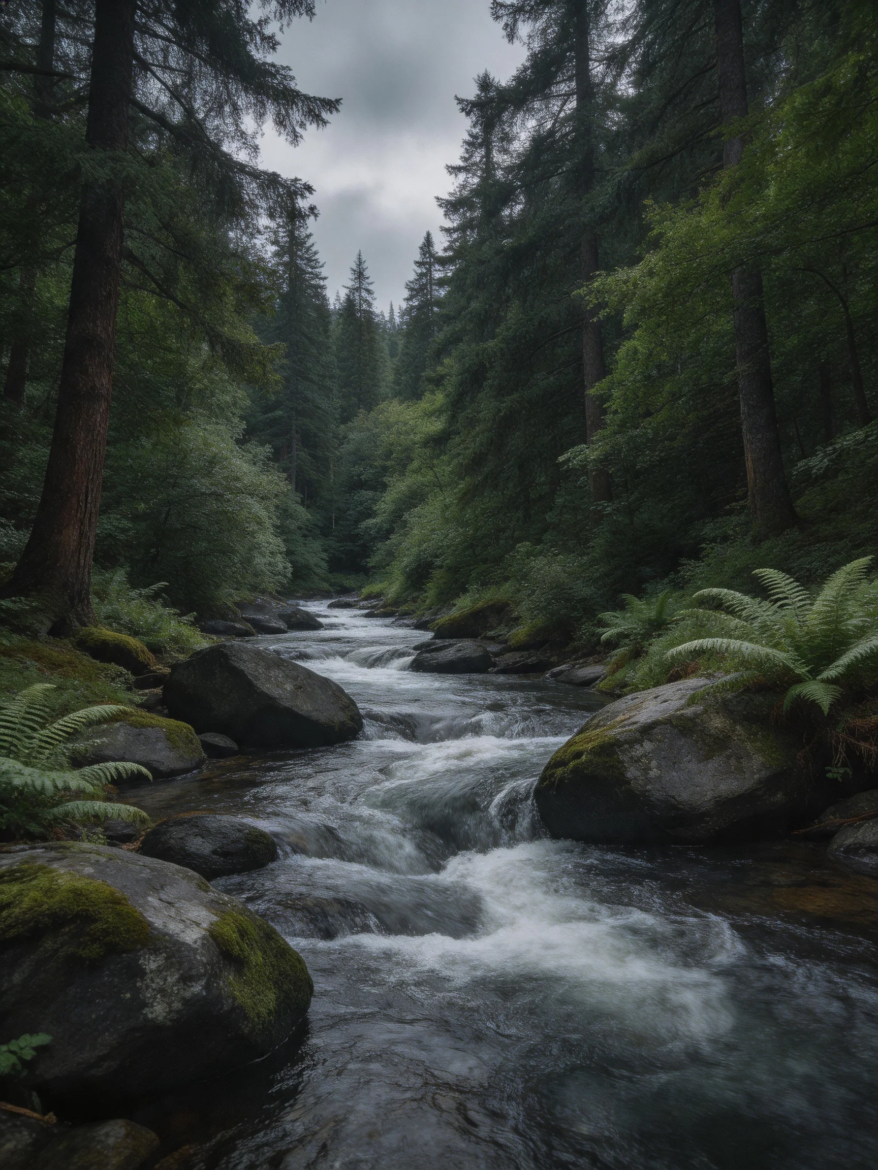 A lush forest stream with mossy rocks and tall evergreens