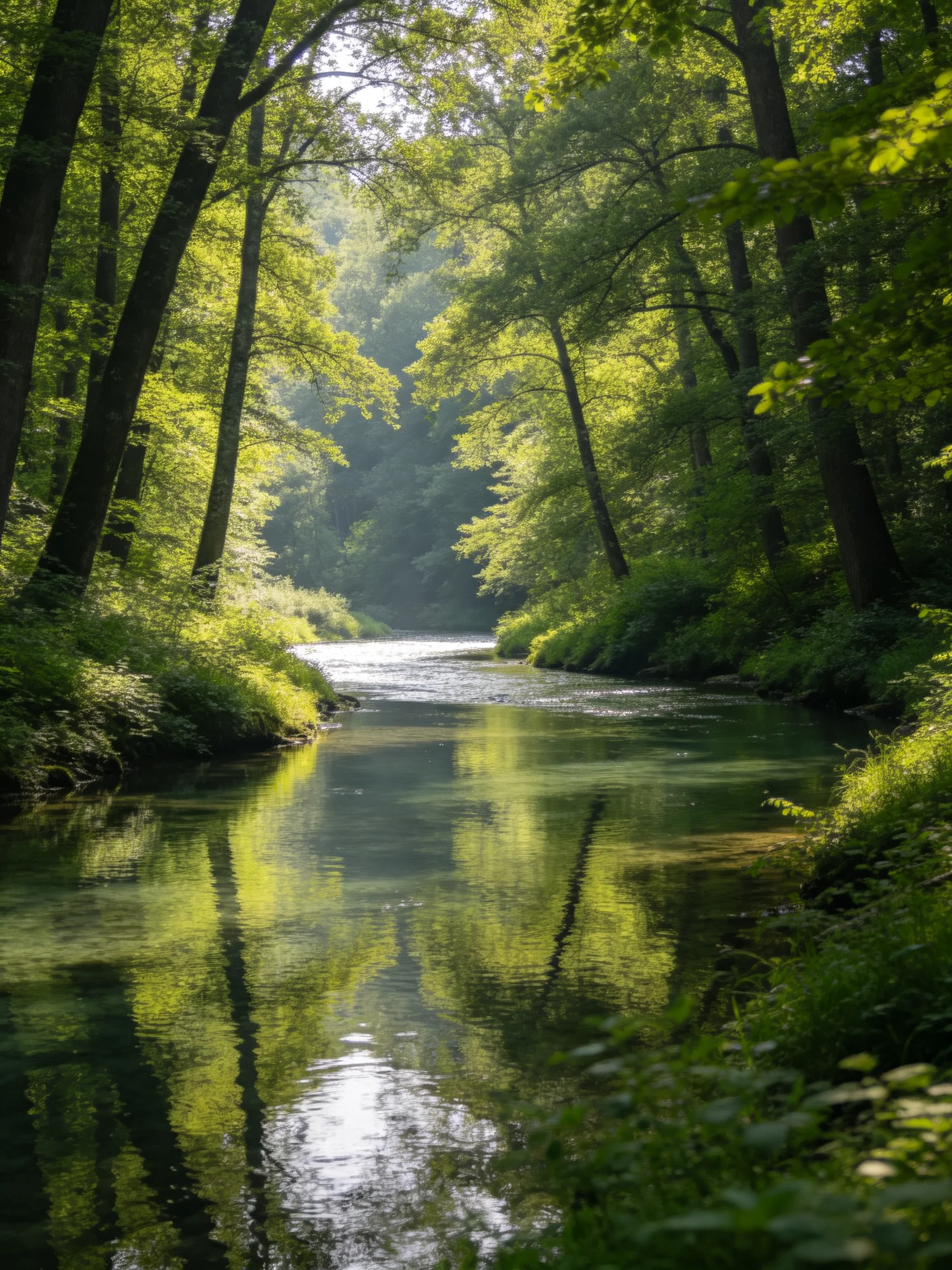 A lush forest stream with vibrant green foliage and clear water
