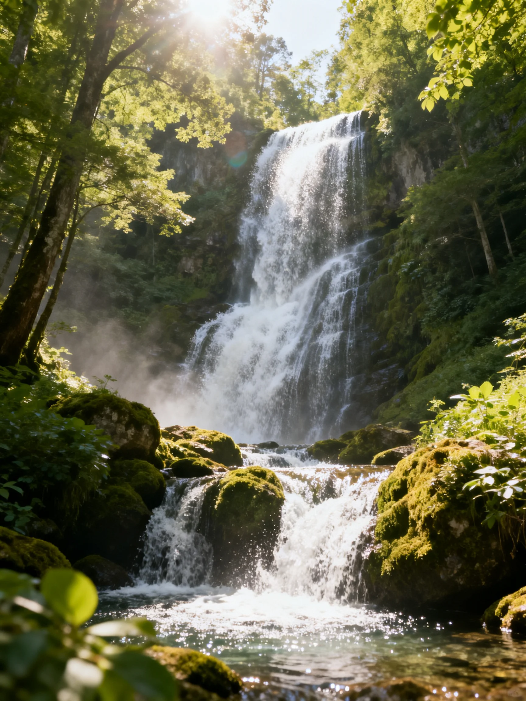 A lush forest waterfall cascades over mossy rocks under bright sunlight