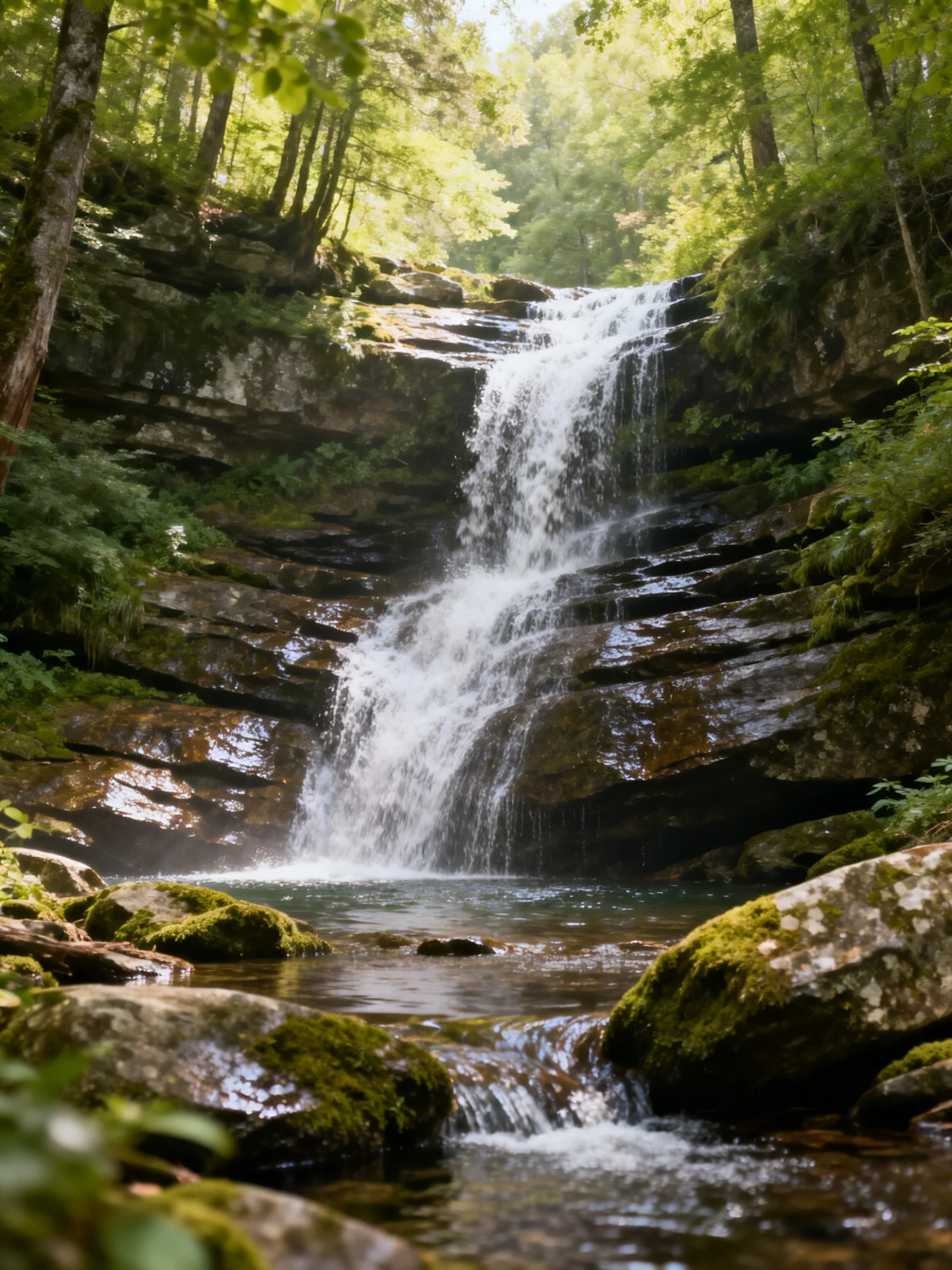 A lush forest waterfall flows over layered rocky cliffs