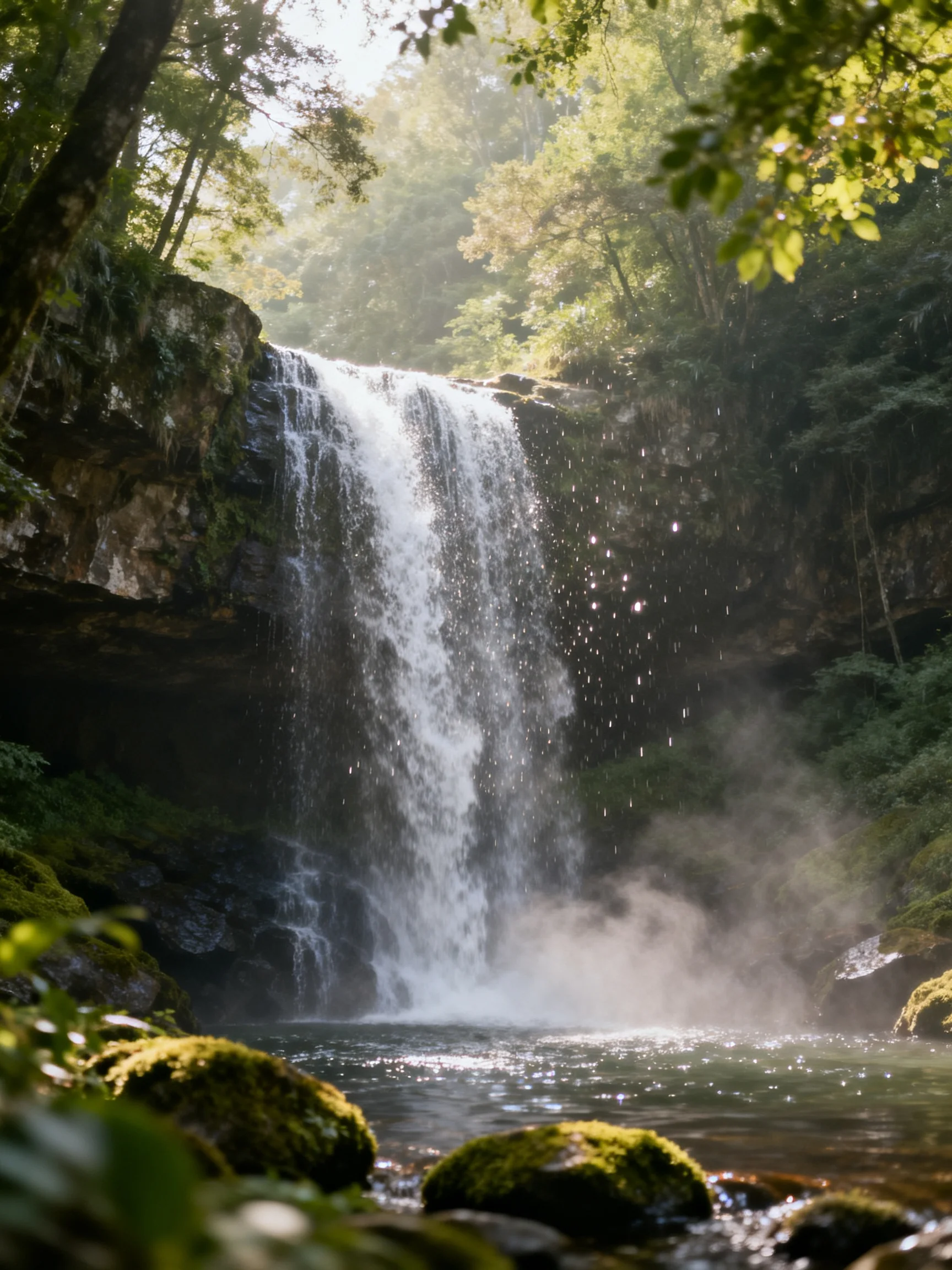 A lush forest waterfall with moss-covered rocks and dappled sunlight
