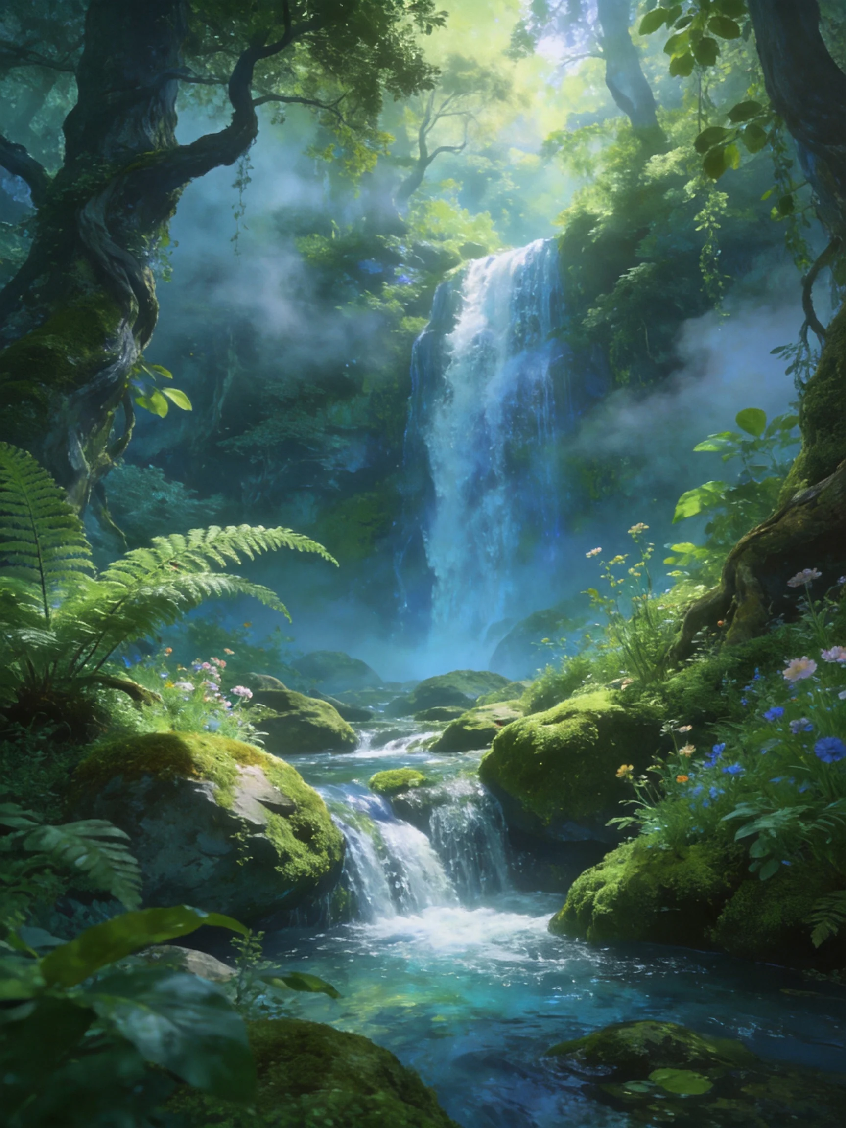 A lush forest waterfall with mossy rocks and vibrant vegetation