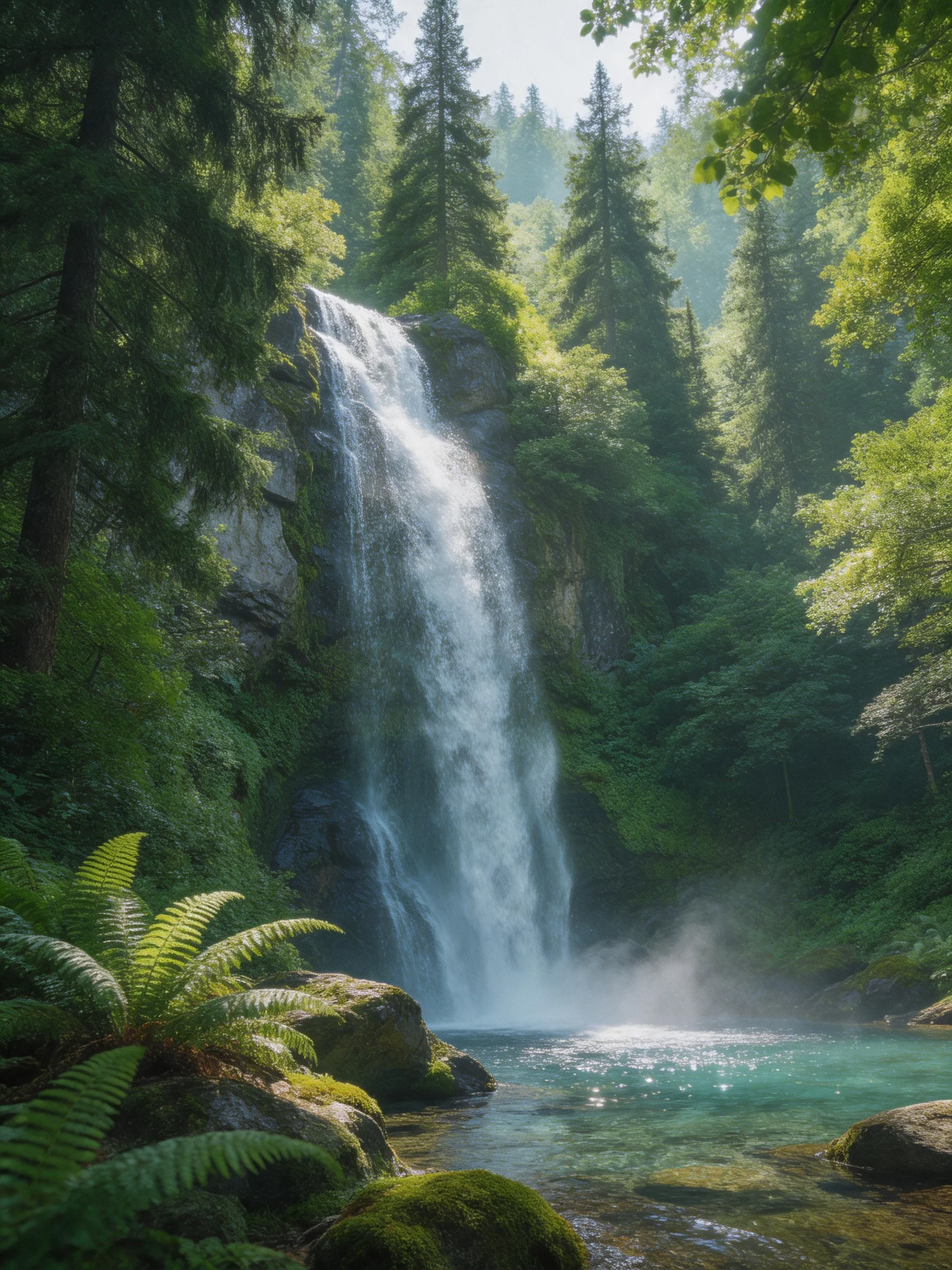 A lush forest waterfall with turquoise pool and mossy rocks