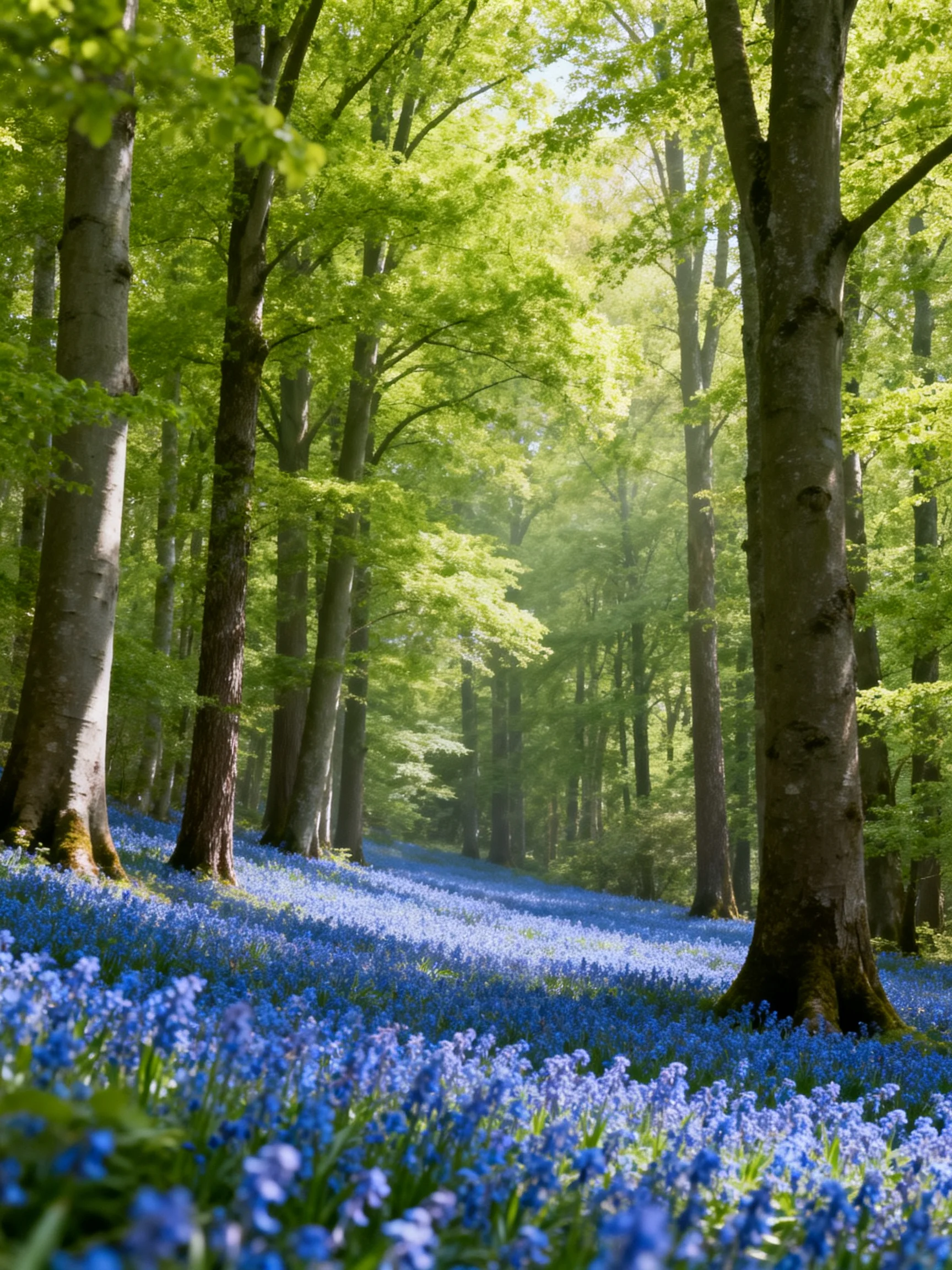 A lush forest with a carpet of blue flowers and towering green trees