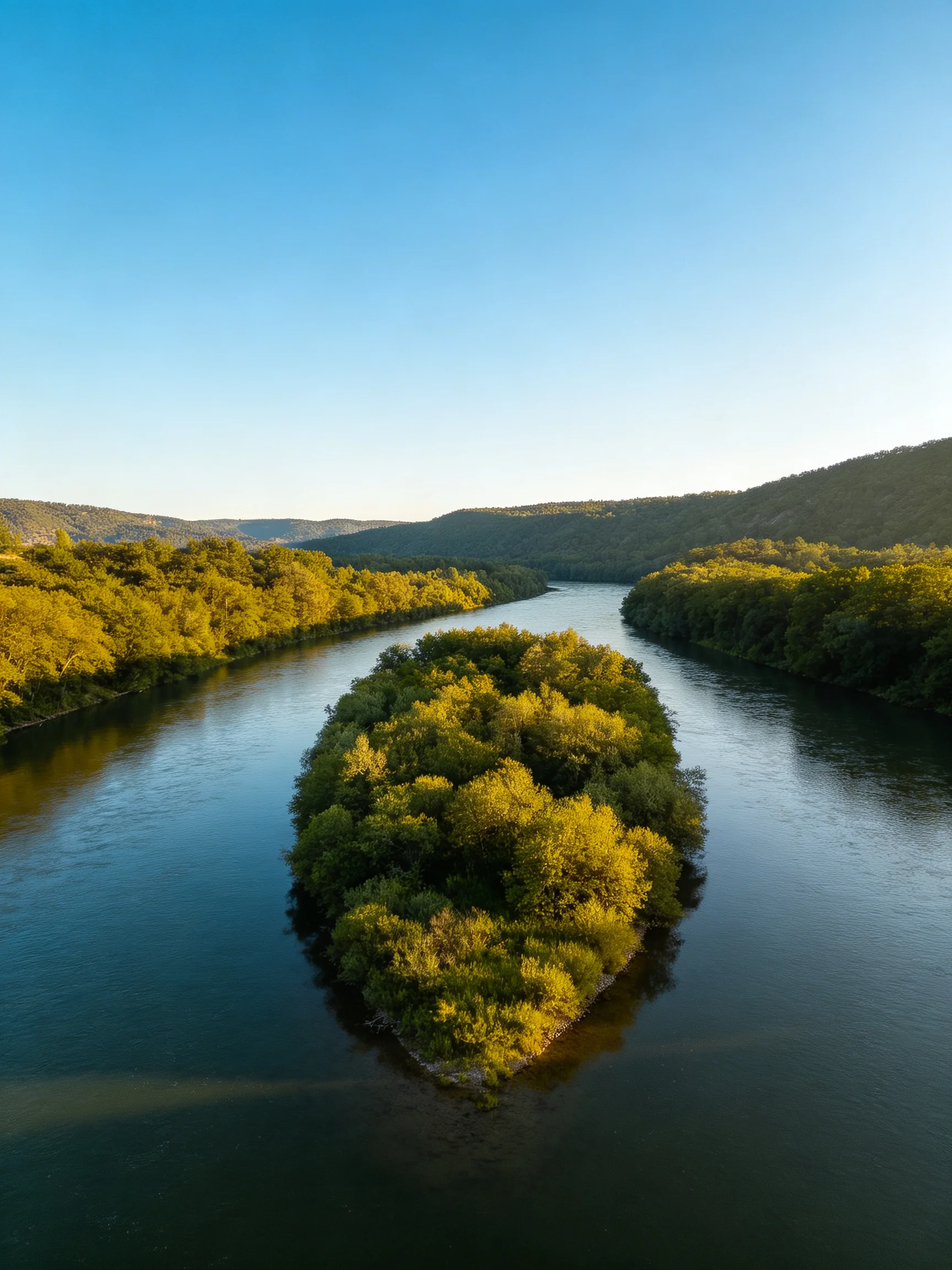 A lush green island centered in a winding river with forested banks
