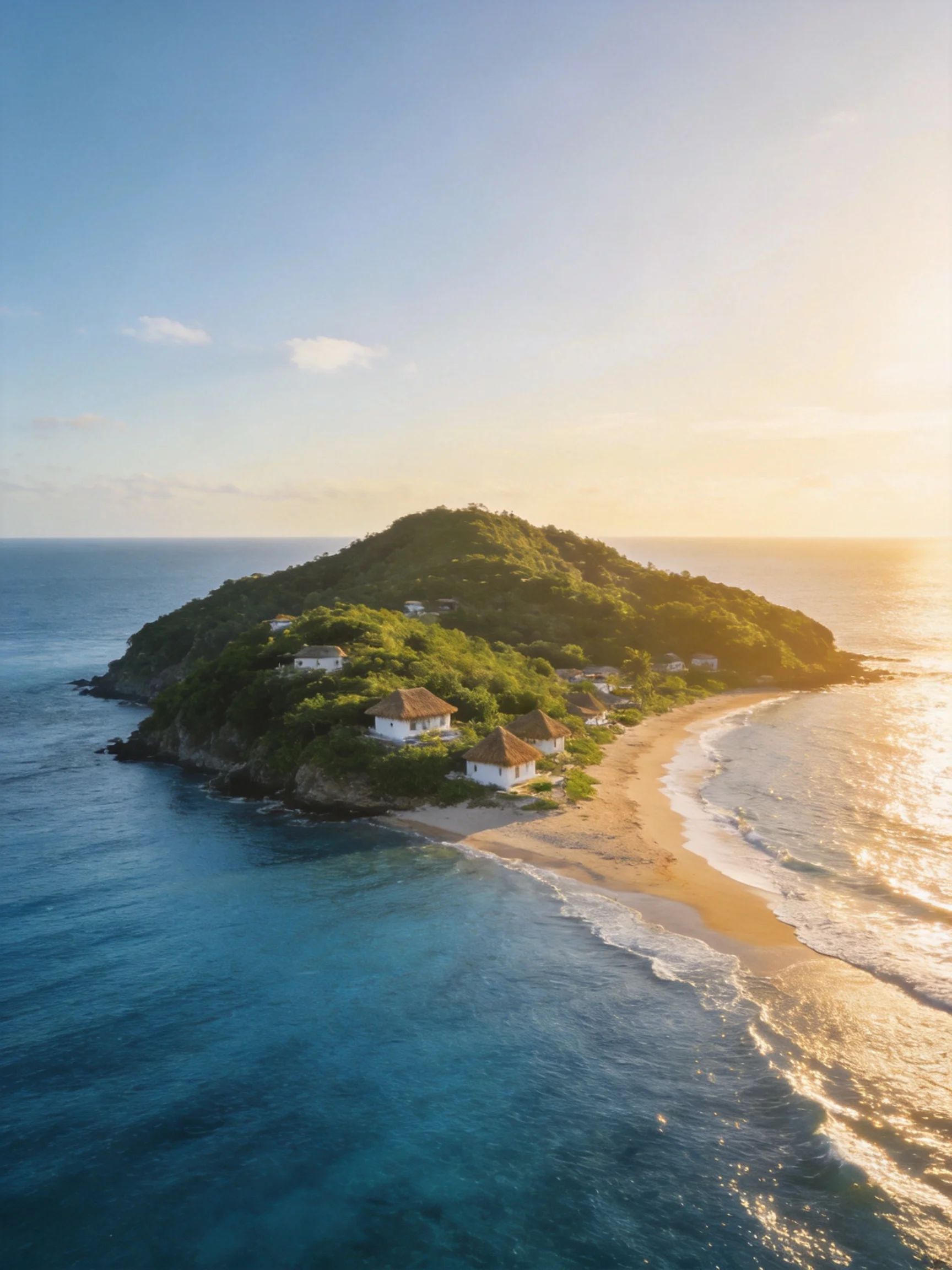 A lush green island with white cottages and golden sandy beach