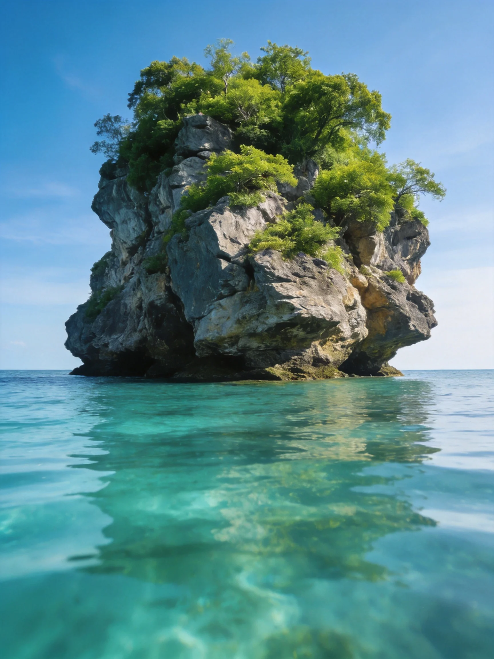 A lush green-topped rocky island surrounded by turquoise waters