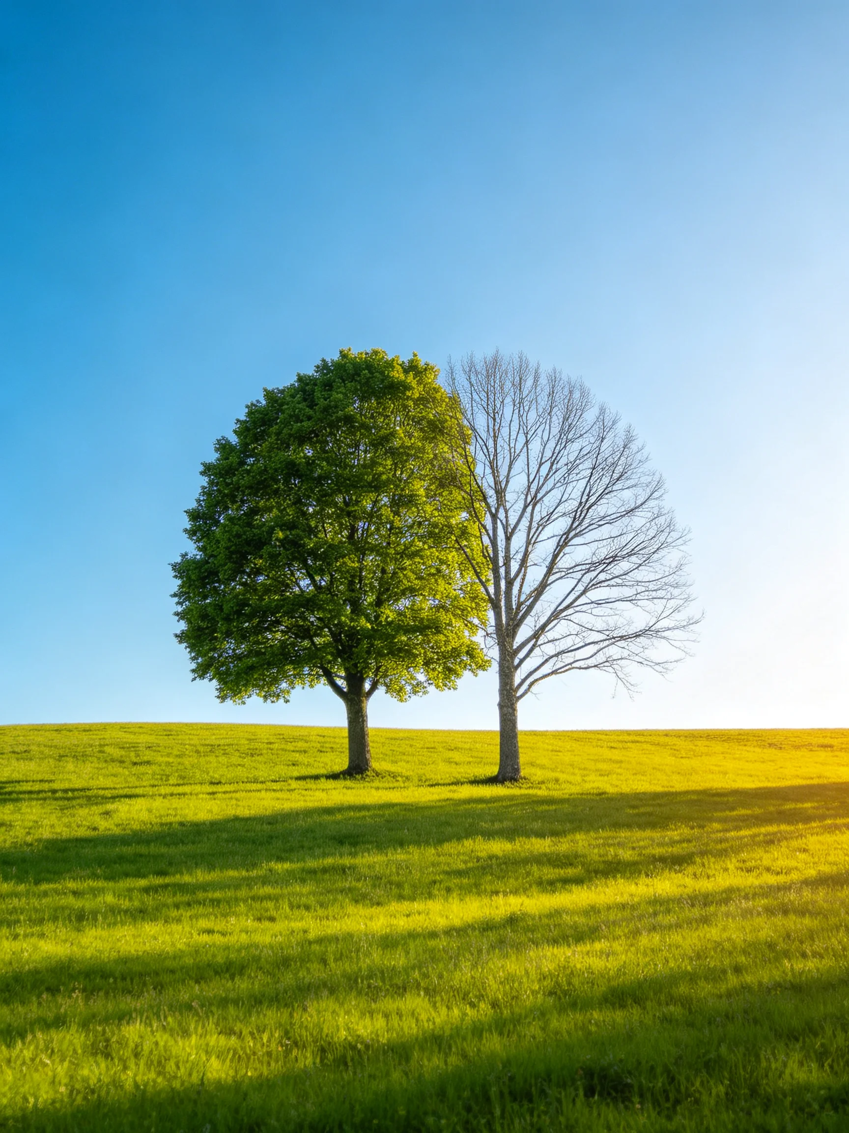 A lush green tree and a bare tree stand together on a sunny grassy hillside