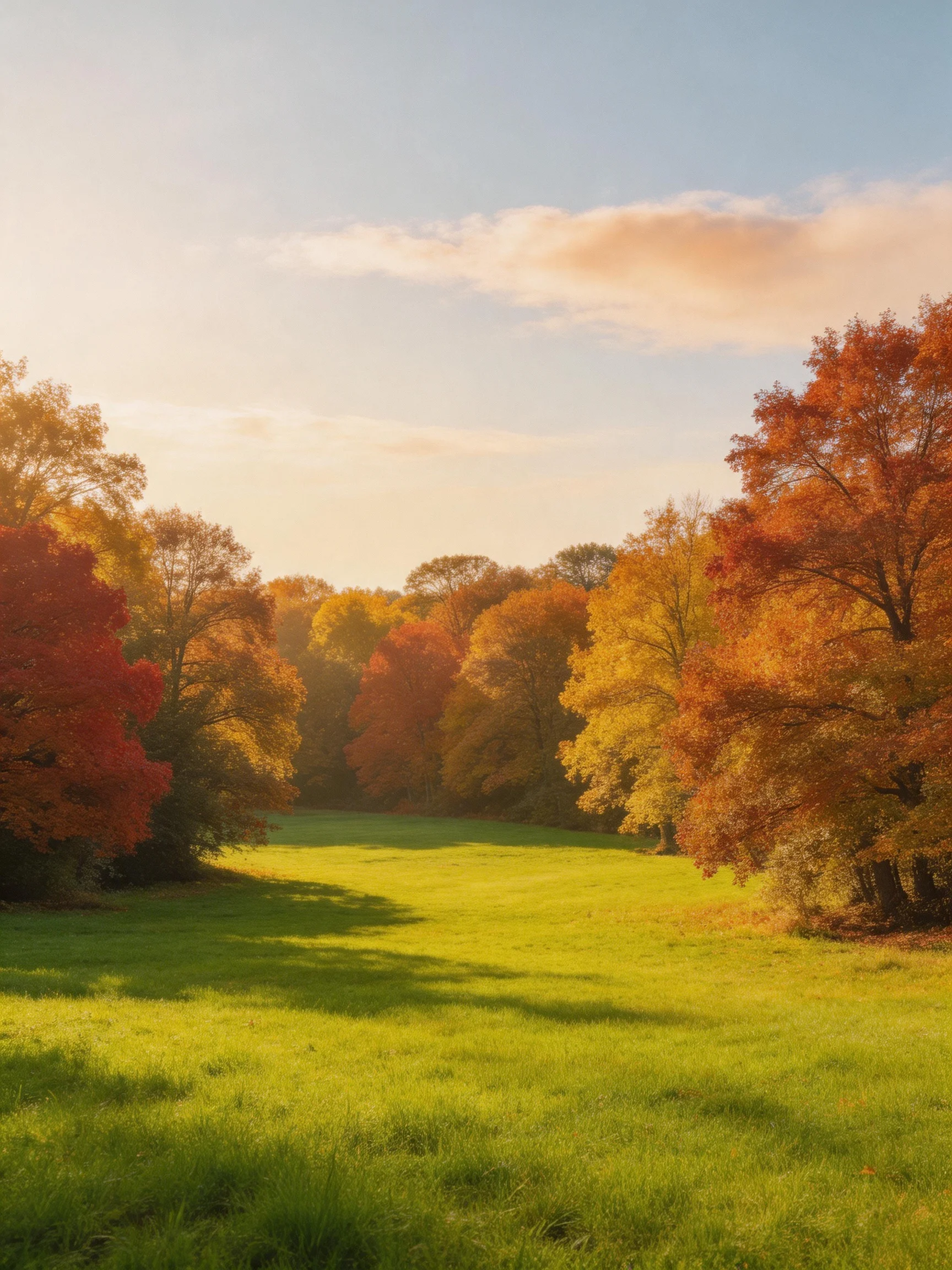 A lush meadow bordered by vibrant fall-colored trees