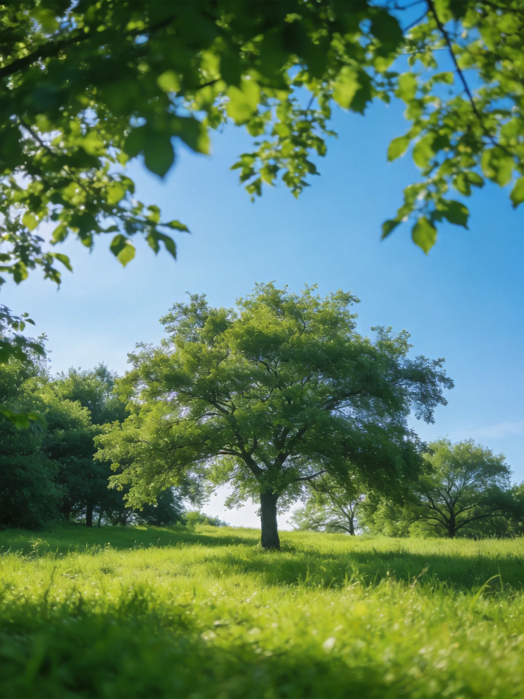 A lush meadow with large green trees under bright blue sky