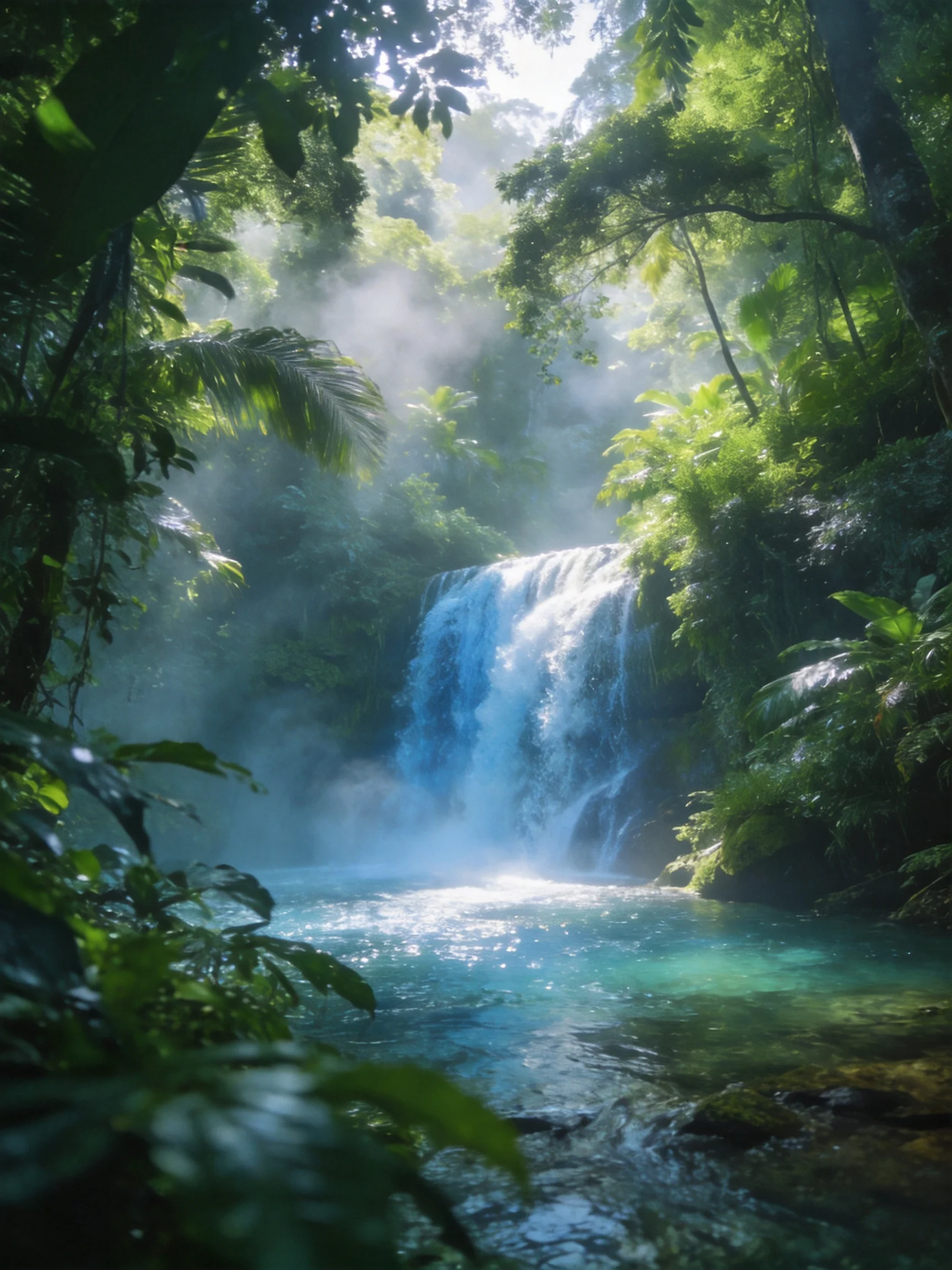 A lush tropical waterfall with turquoise waters and dense greenery