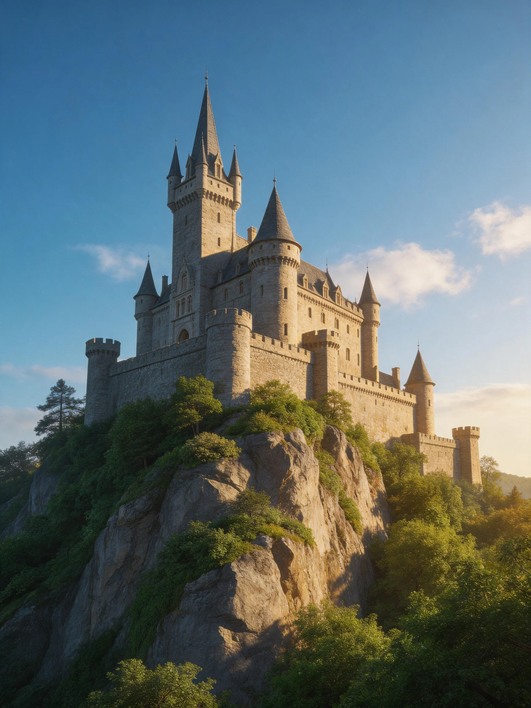 A magnificent stone castle sits atop a rocky cliff