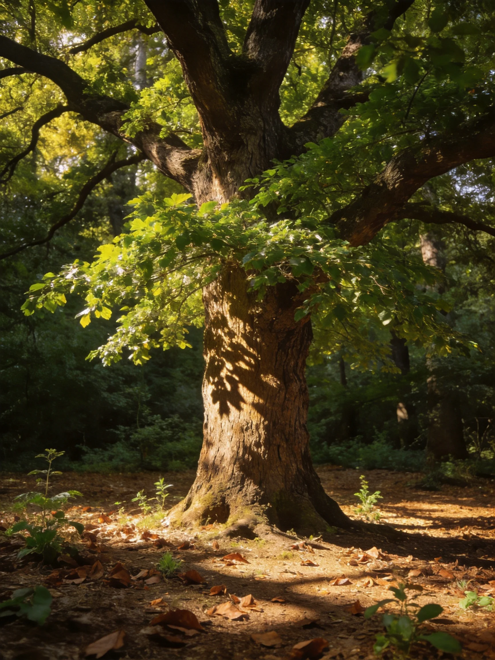 A majestic ancient oak tree illuminated by golden sunlight in a forest clearing