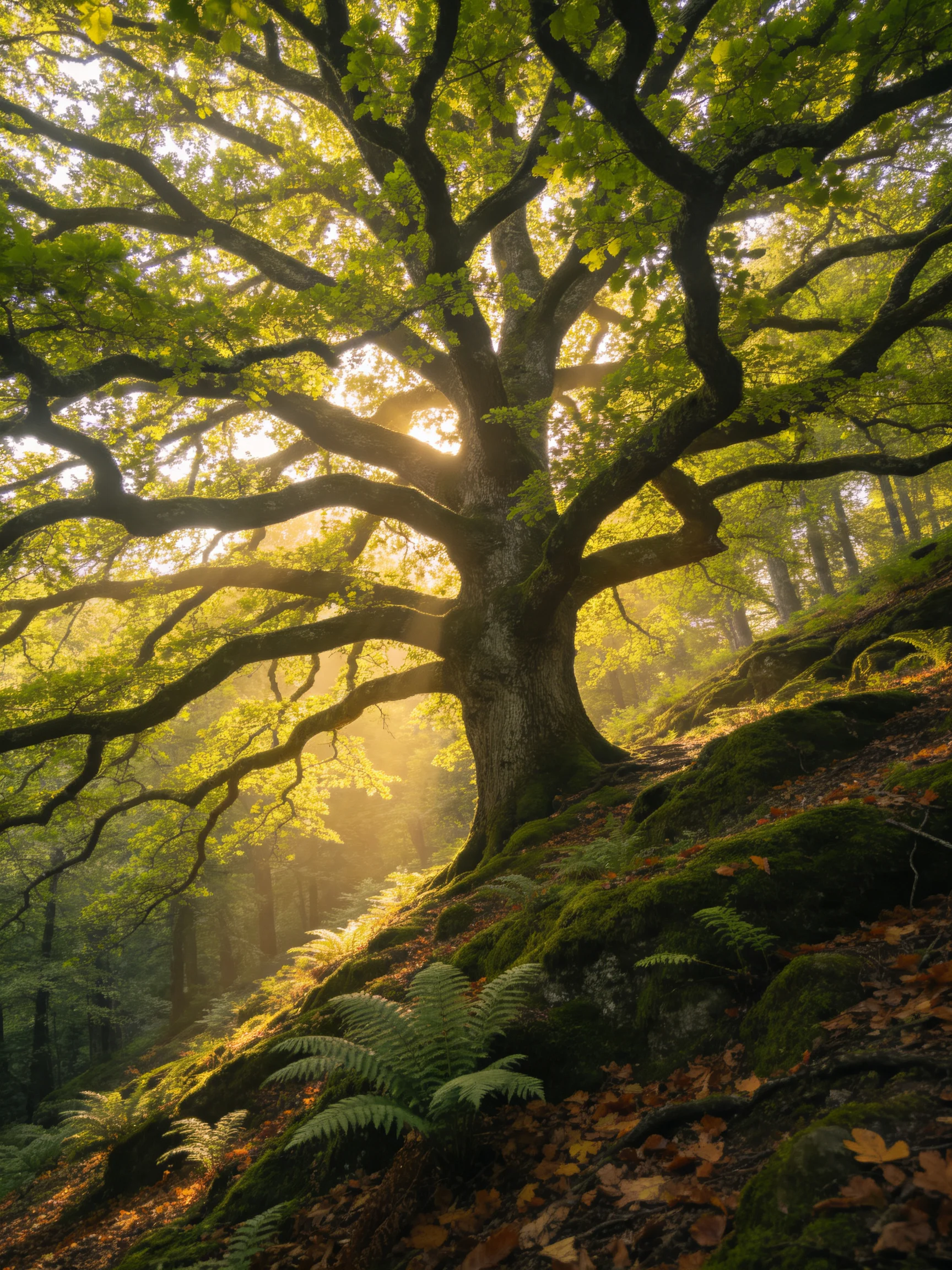 A majestic ancient oak tree in a sunlit forest glade