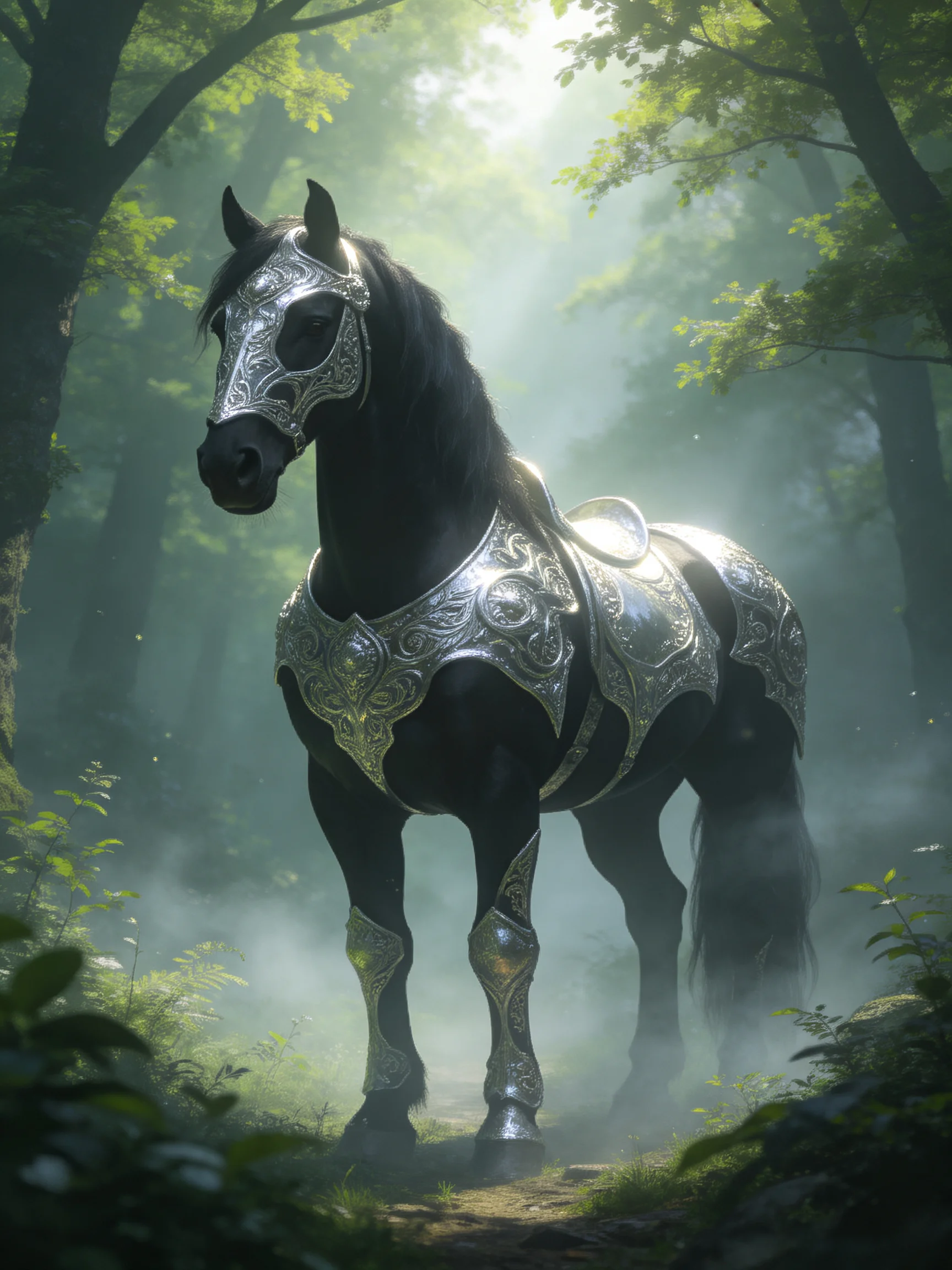 A majestic black horse with silver armor in a misty forest
