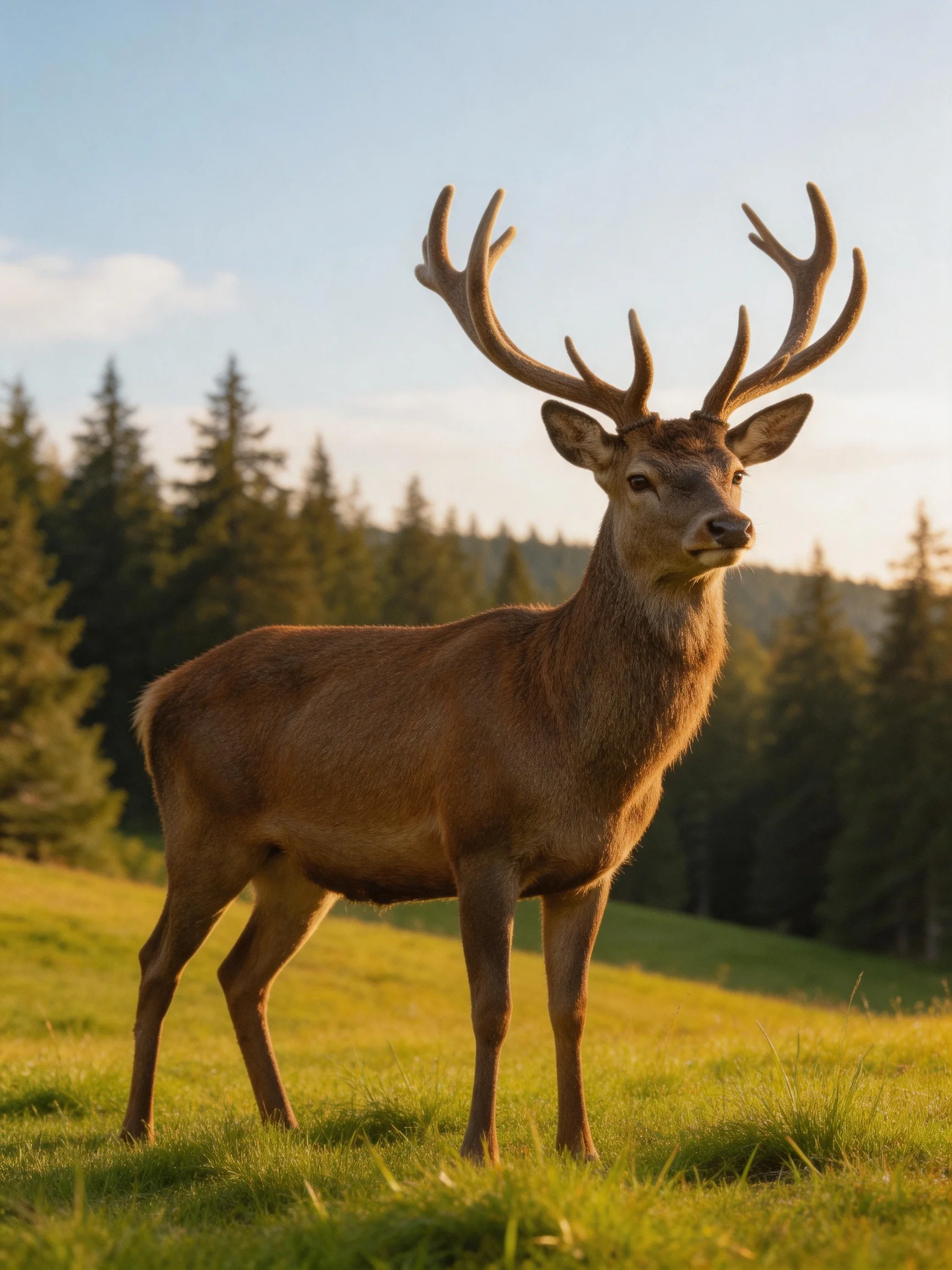 A majestic brown stag with large antlers stands in a sunlit green meadow