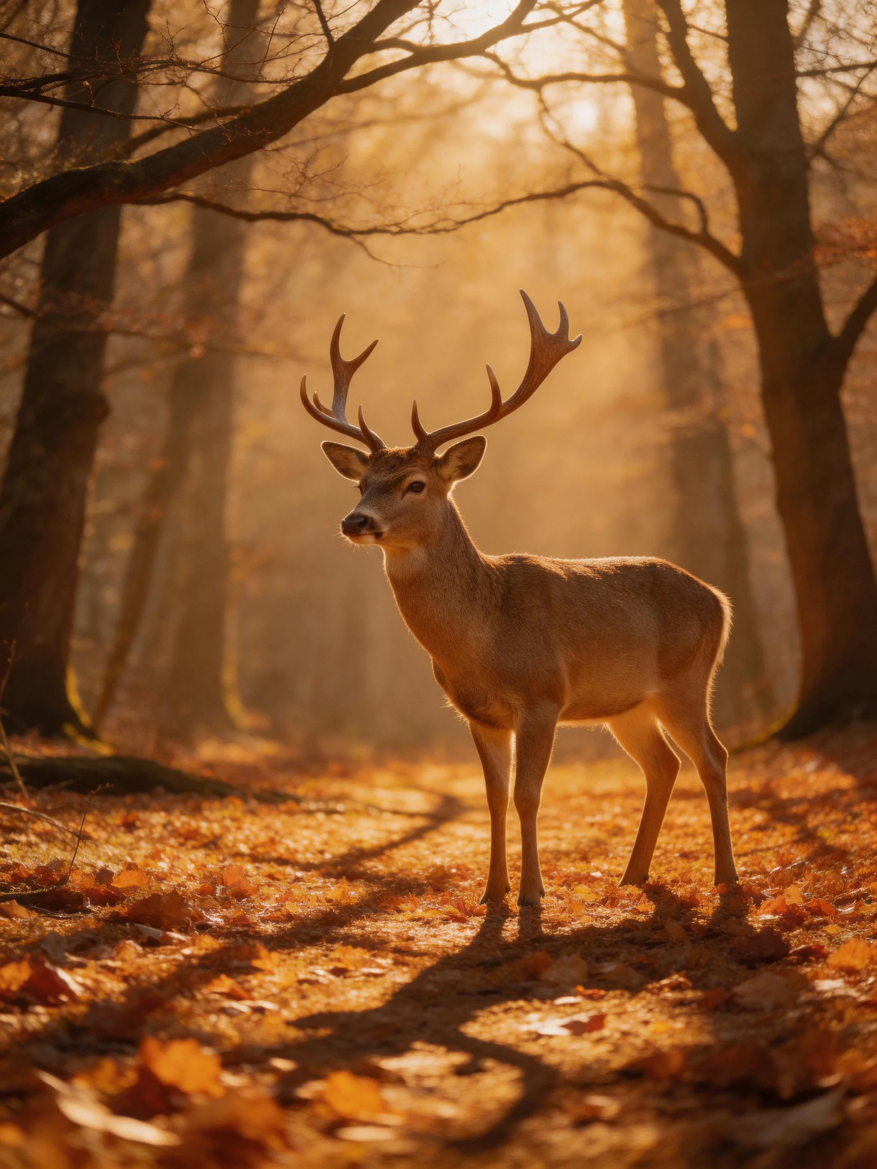 A majestic deer stands amid an autumn forest bathed in golden light