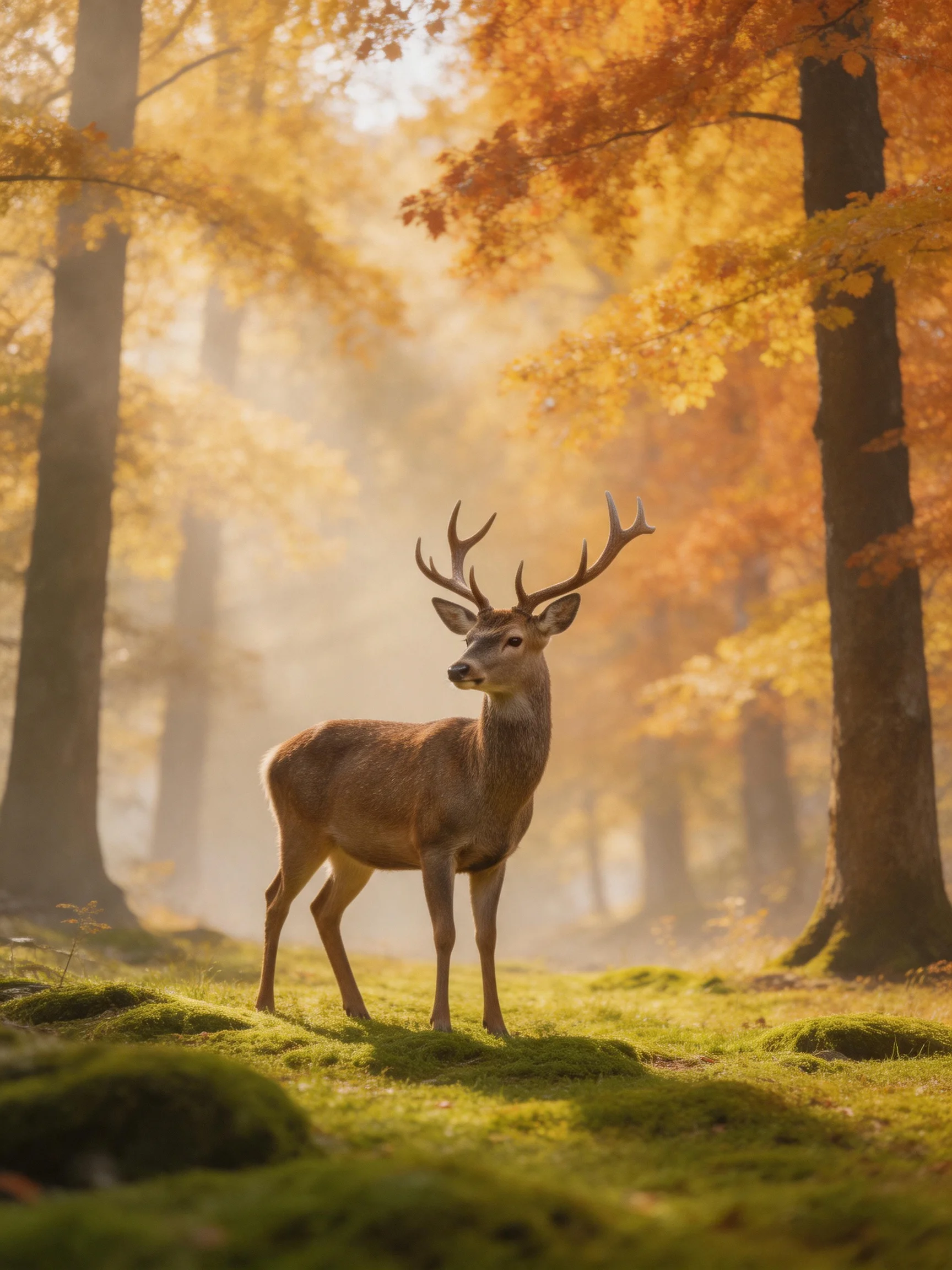 A majestic deer stands amid golden autumn foliage in a misty forest
