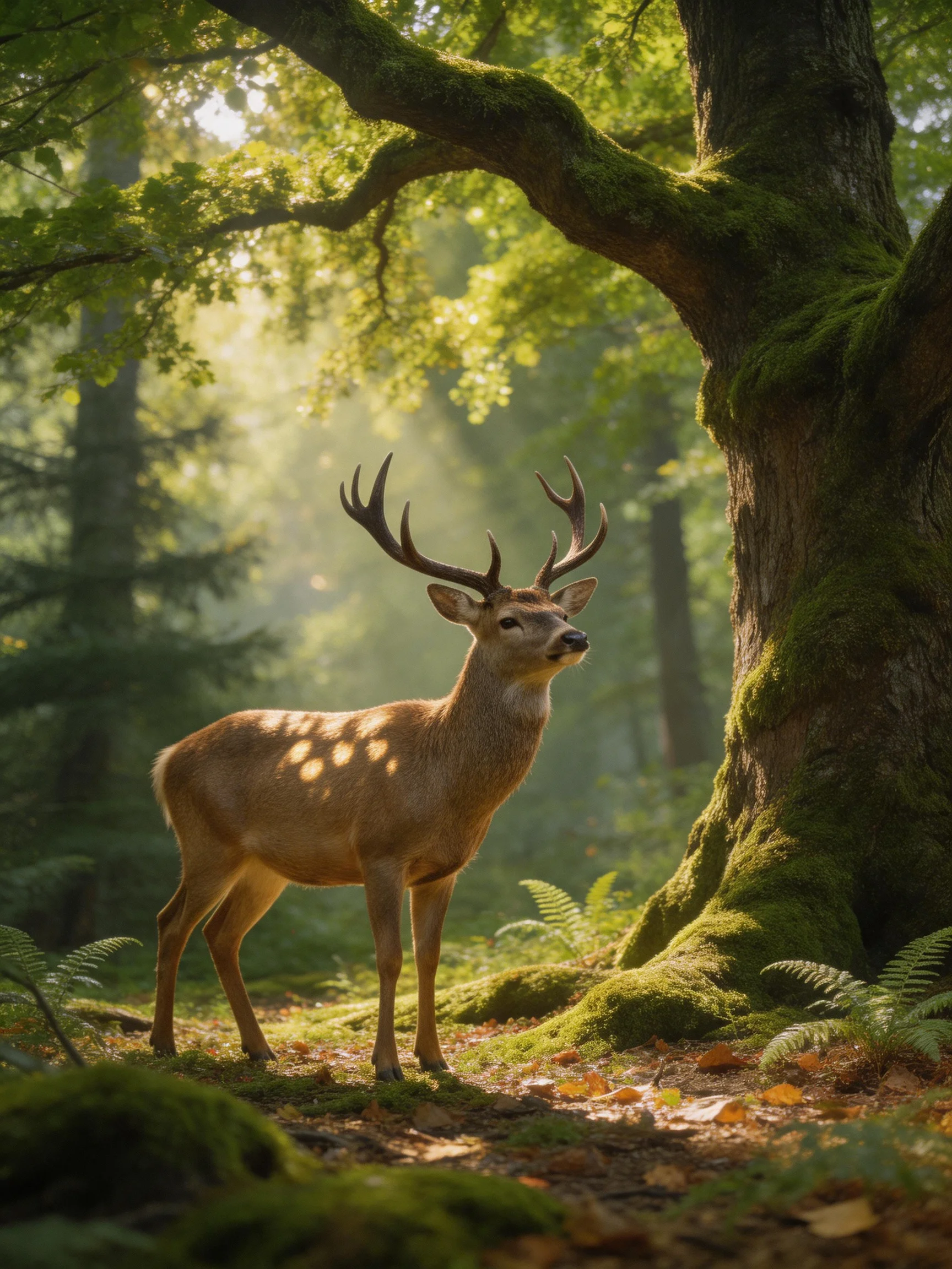 A majestic deer stands beside a moss-laden ancient oak in sun-dappled woodland