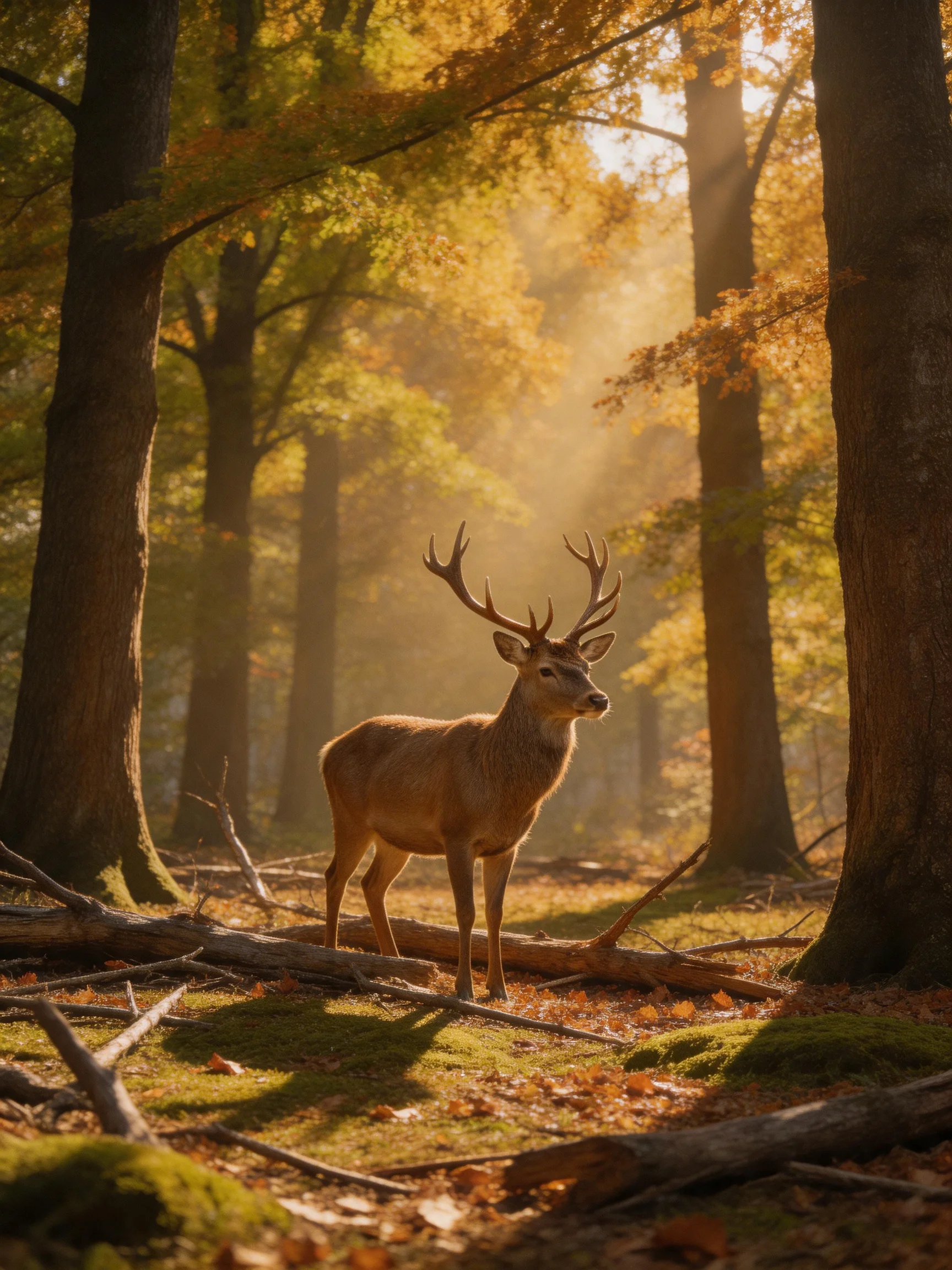 A majestic deer stands in a sunlit autumn forest with golden foliage