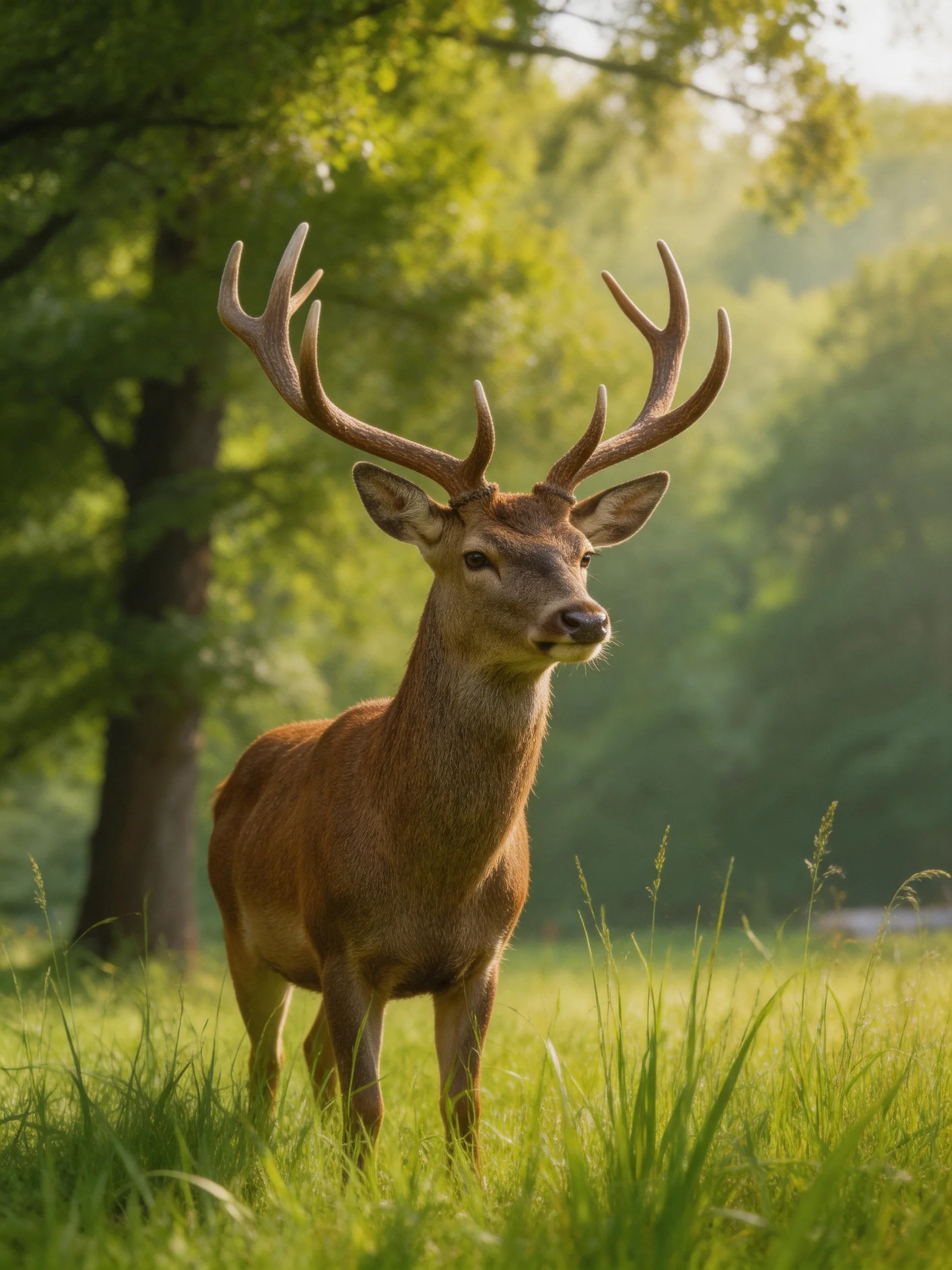 A majestic deer with large antlers in a lush green meadow