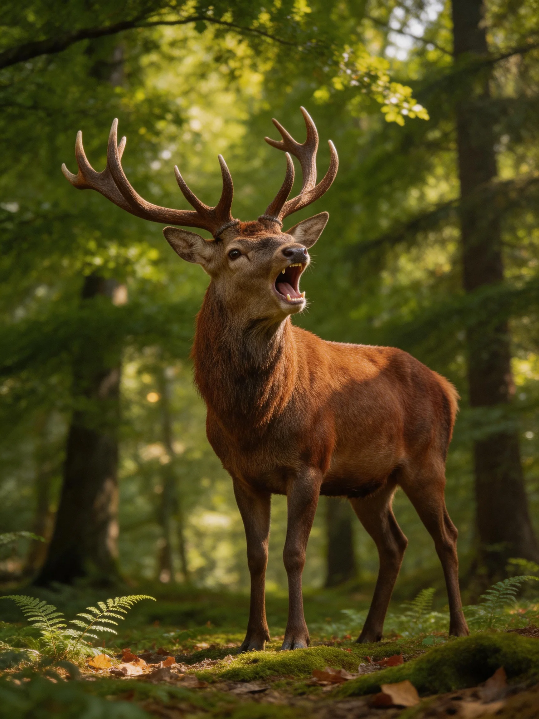 A majestic deer with large antlers stands in a lush green forest