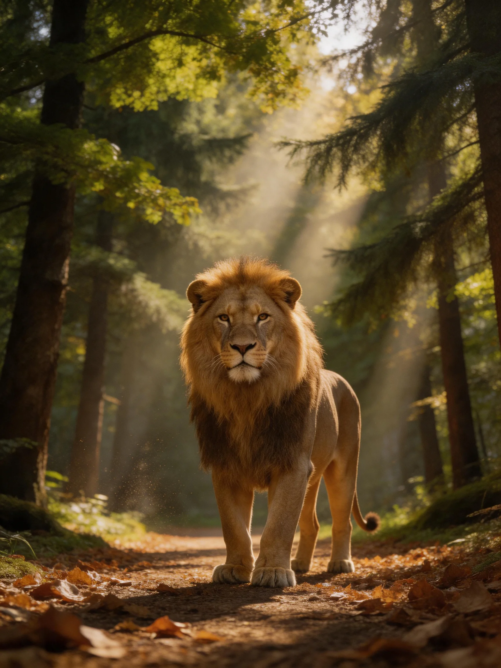 A majestic lion roams a sunlit forest path lined with tall trees
