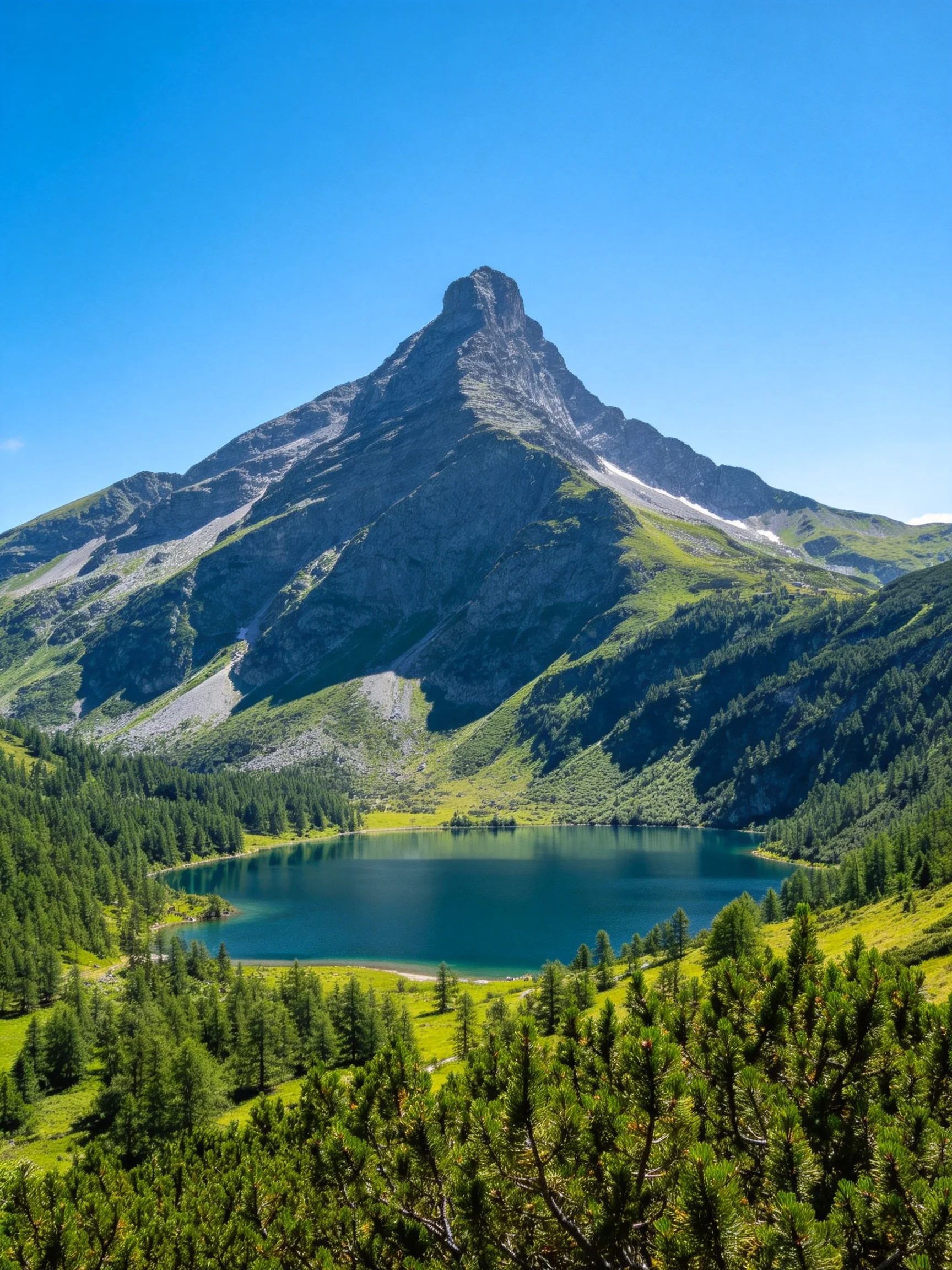 A majestic mountain towers over a serene alpine lake surrounded by lush forests