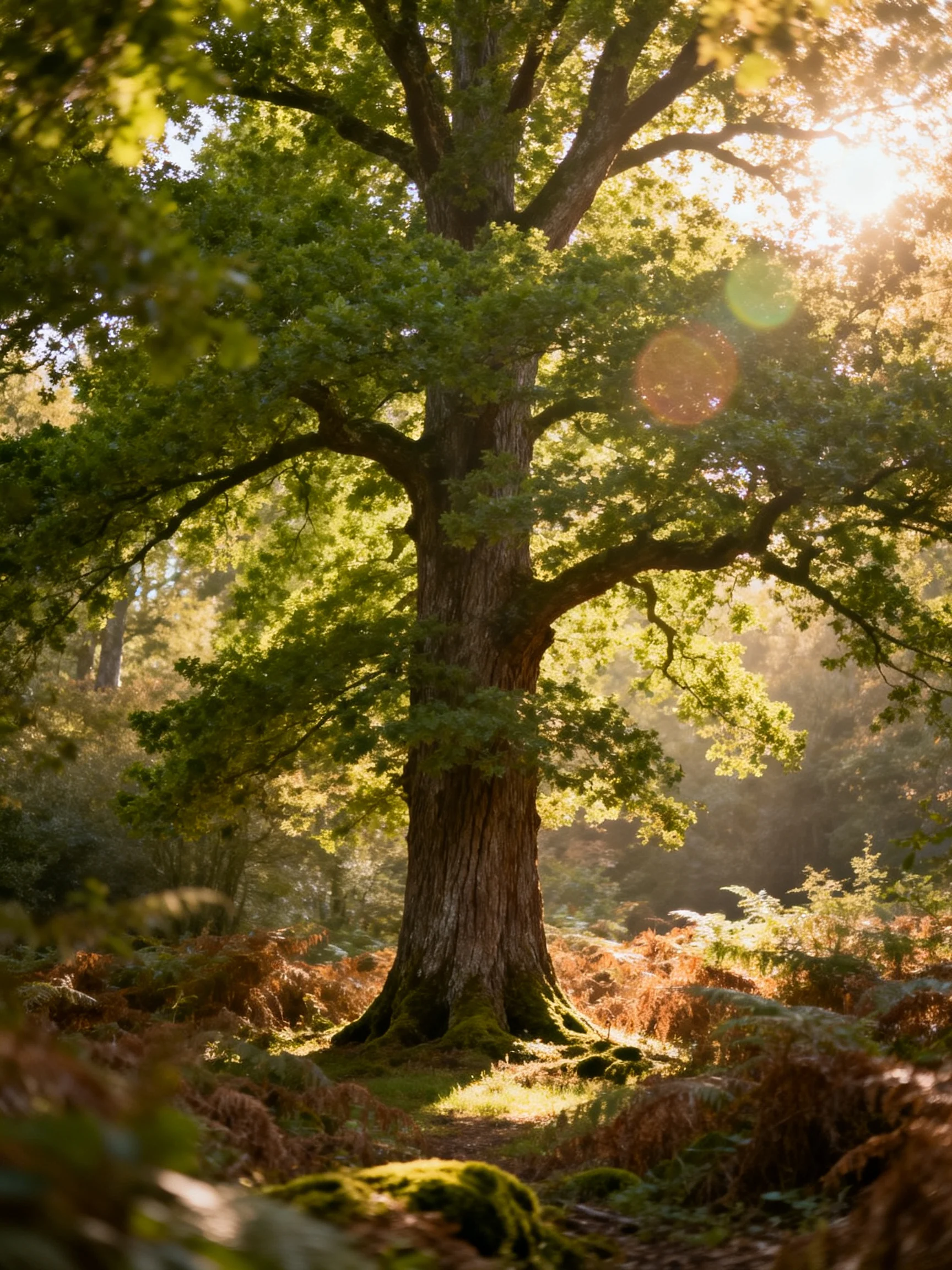 A majestic oak tree bathed in golden sunlight among lush greenery