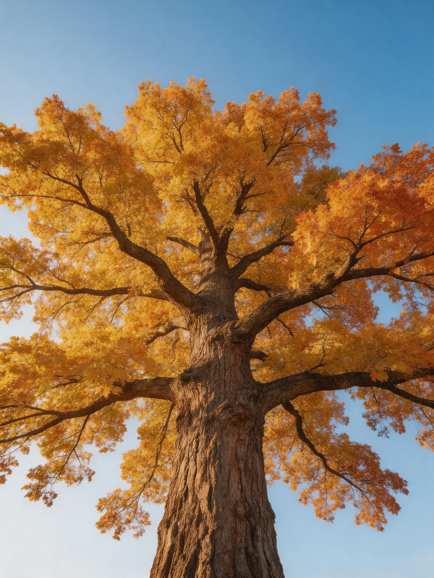 A majestic oak tree with golden autumn foliage against clear blue sky